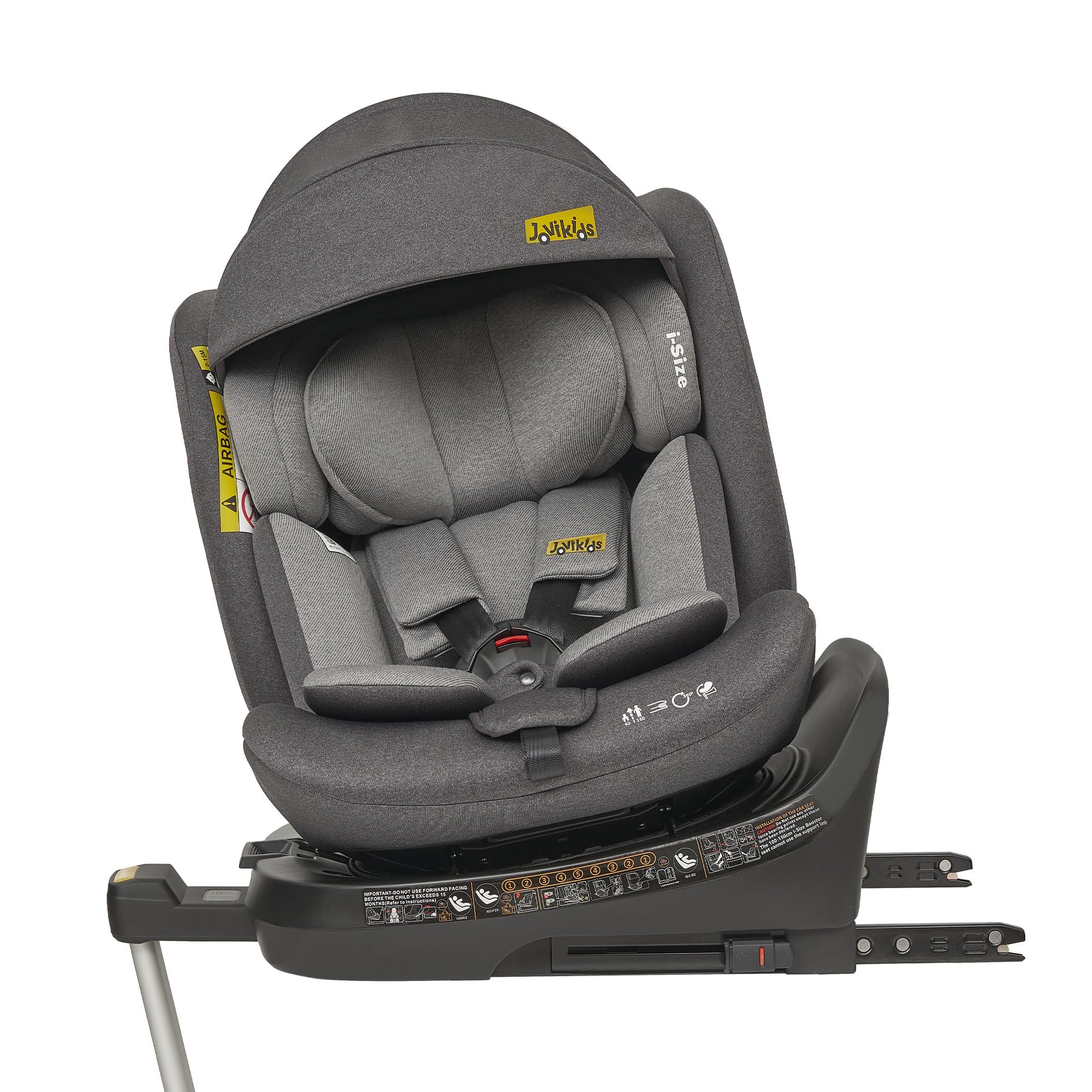 Jovikids 360° Drehbar Kindersitz mit ISOFIX, i-Size 40-150cm(ab Geburt -12 Jahre) Baby Autositz Reboarder mit Liegefunktion & Abnehmbar Vordach, ECE R129 (grau)