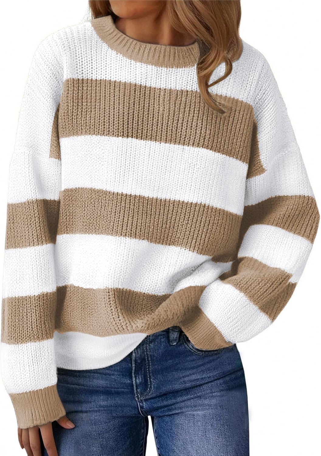 SunnyMelody Womens Cute Color Block Striped Sweater Fall 2025 Pullover Knit Tops - Ribbed Crew Neck, Lightweight, Loose Fit