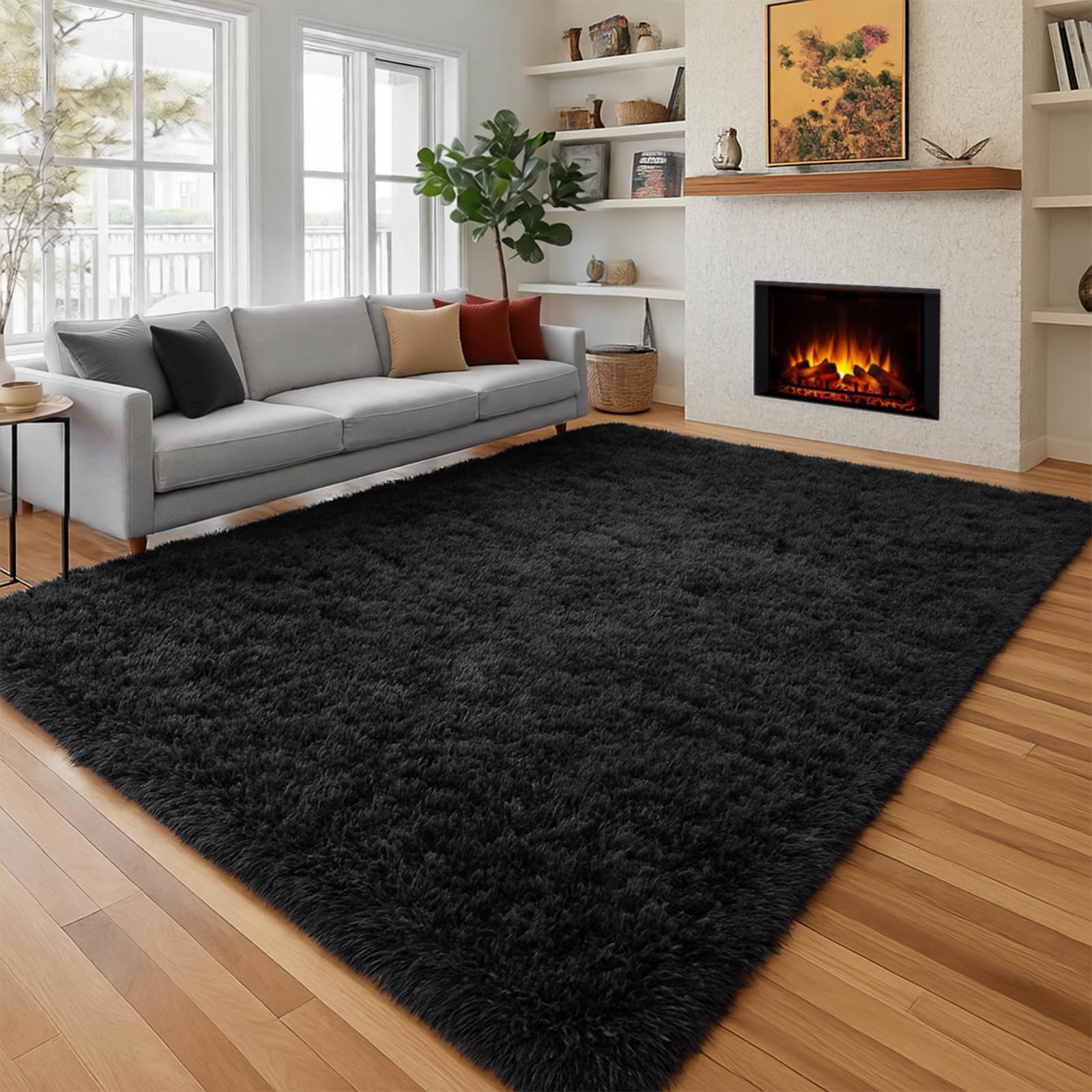 PAGISOFE Fluffy Shaggy Black Area Rug 8x10 Feet, Plush Rugs for Living Room Bedroom, Soft Rug for Nursery, Furry Rugs for Girls Boys Kids Room, Extra Large Fuzzy Rug, Shag Carpet, Black