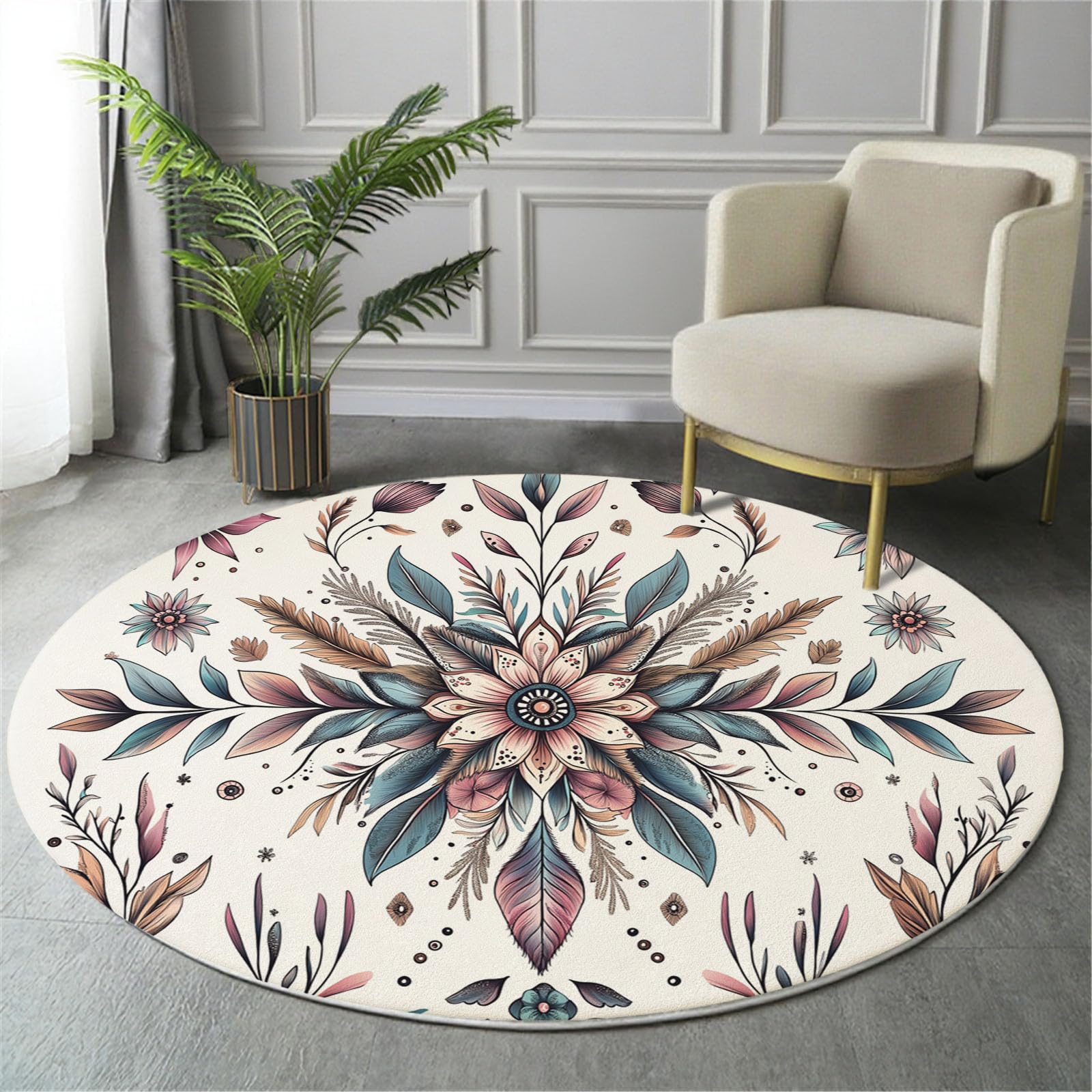 Tapis rond 200cm bleu et brun de salon lavable en machine style mandala bohème