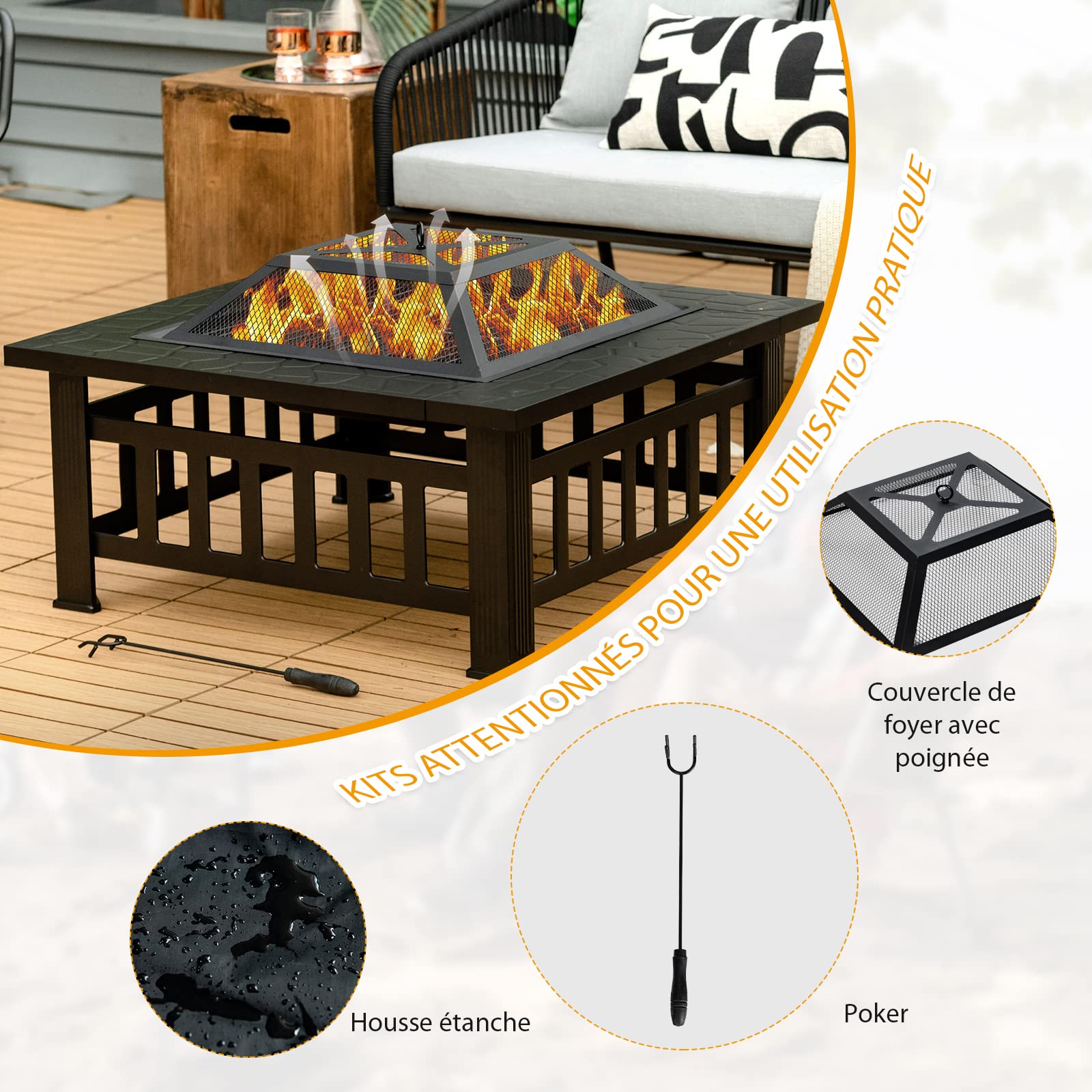GOPLUS Brasero de Jardin Carré en Fer,Table de Foyer Maille et Couvercle Pare-étincelles avec Tisonnier Long,Grand Bac de Rangement pour Chauffage et Barbecue Glacière 81x81x50cm (Noir)