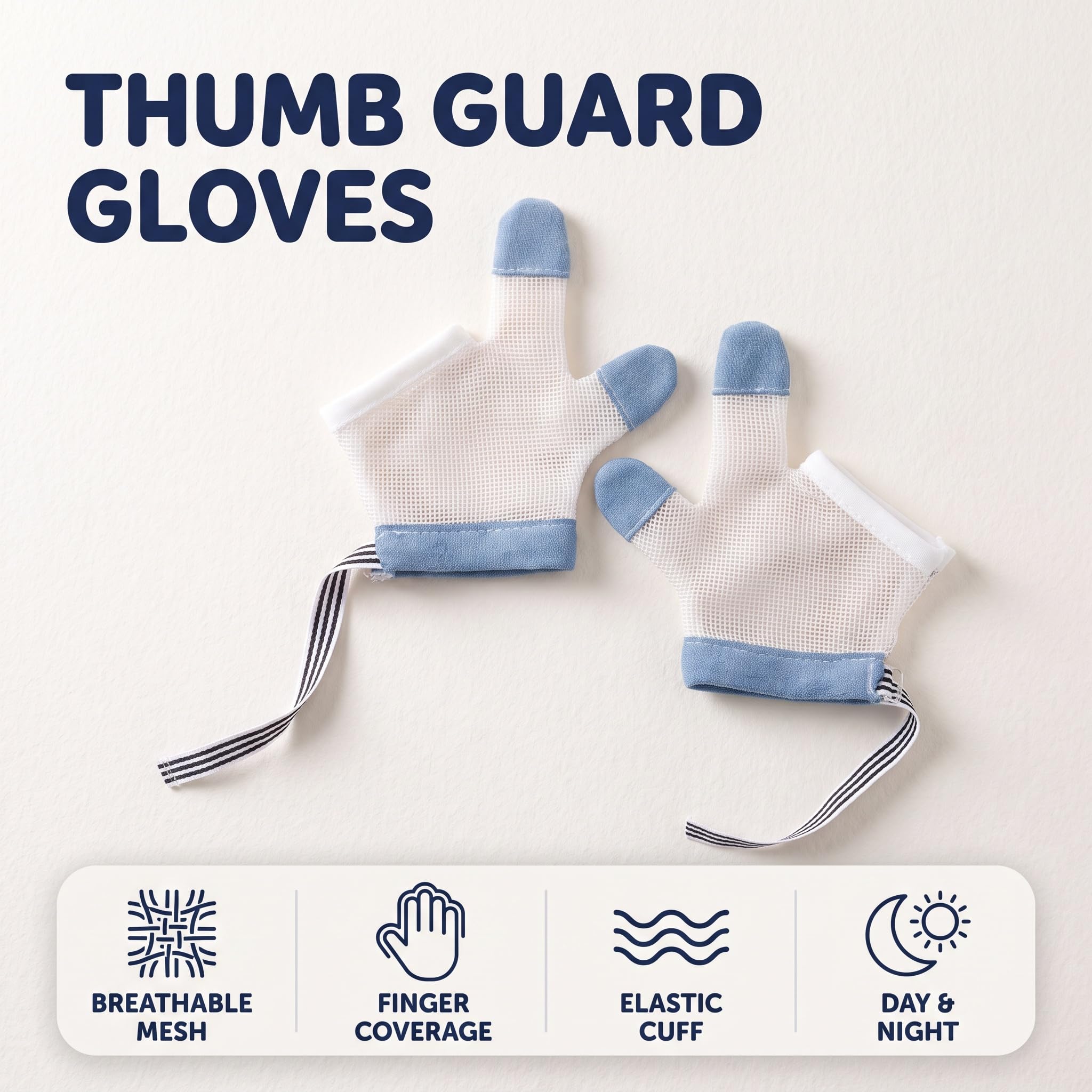 1 par de guantes blancos anticomer para bebé, antiarañazos, transpirables, protector de pulgar para dedos para niños, para evitar que los dedos se chupen