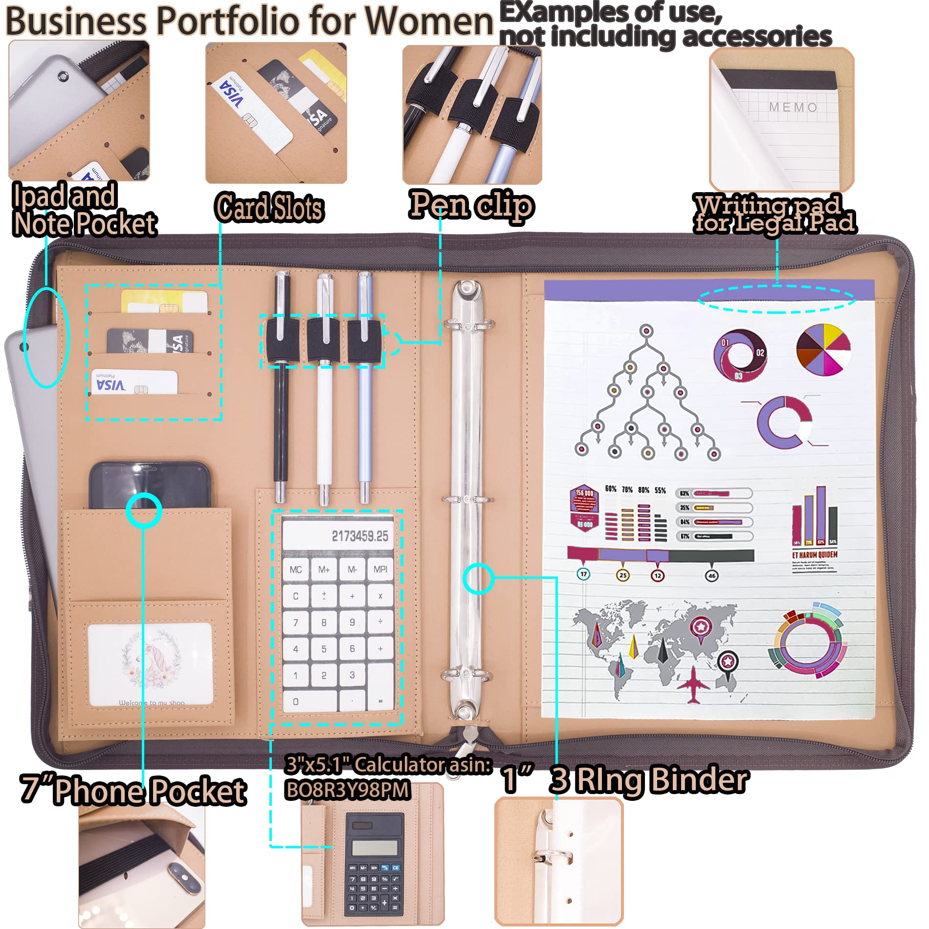 Porte-documents en cuir – Organiseur à fermeture éclair avec poignée dissimulée et presse-papier ou bloc-notes juridique, bureau mignon – Fournitures de cadeaux pour femme