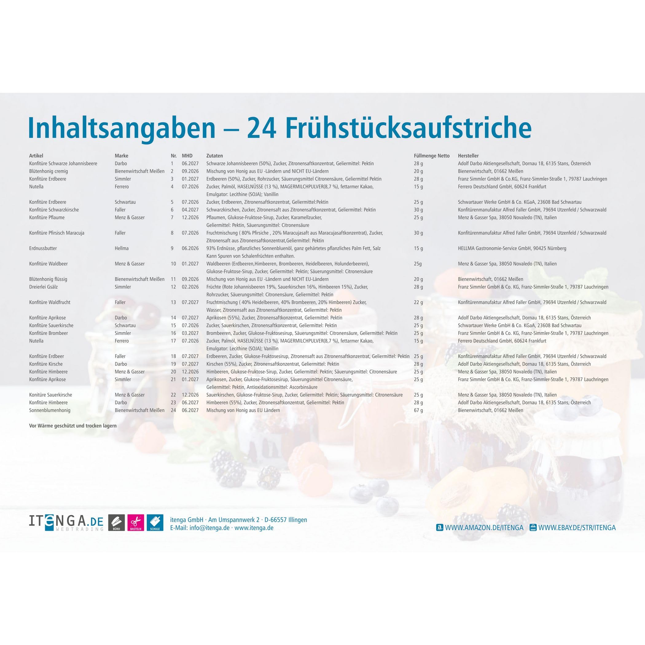itenga Frühstücksaufstrich Box 24-teilig | Portionsgläser & Portionsbecher | Marmelade, Honig, Nuss-Nougat & Erdnusscreme | Adventskalender-Füllung, Büro & Urlaub - Inhalt 627g