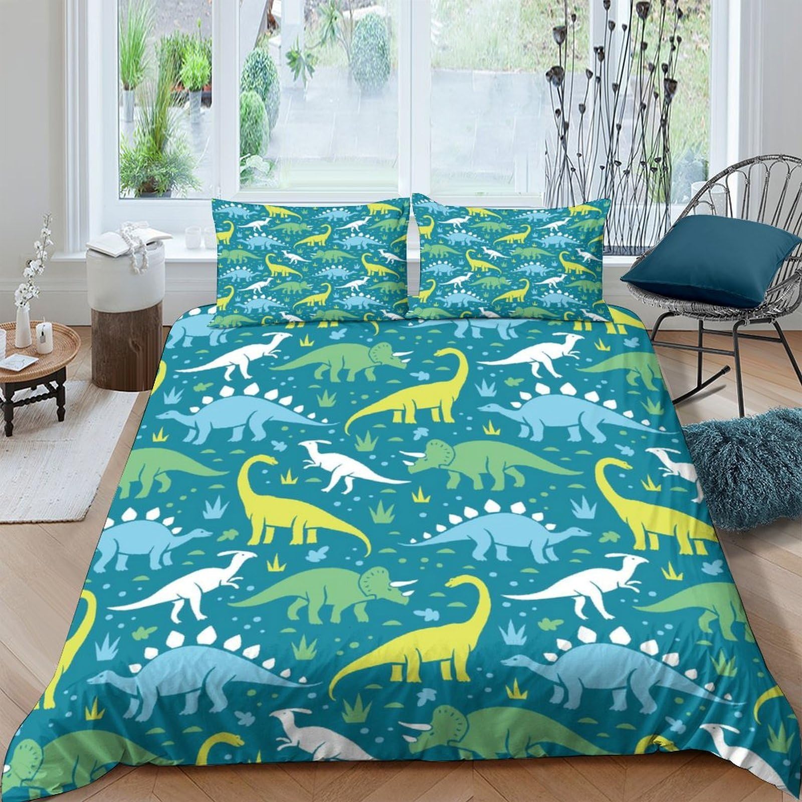 GPLZQXKJNH 3D Printed Dinosaur Jungle Duvet Cover Set Microfiber Soft Breathable Green Prehistoric Quilt Cover with 2 Pillowcases for Bedroom Decor Single（135x200cm）