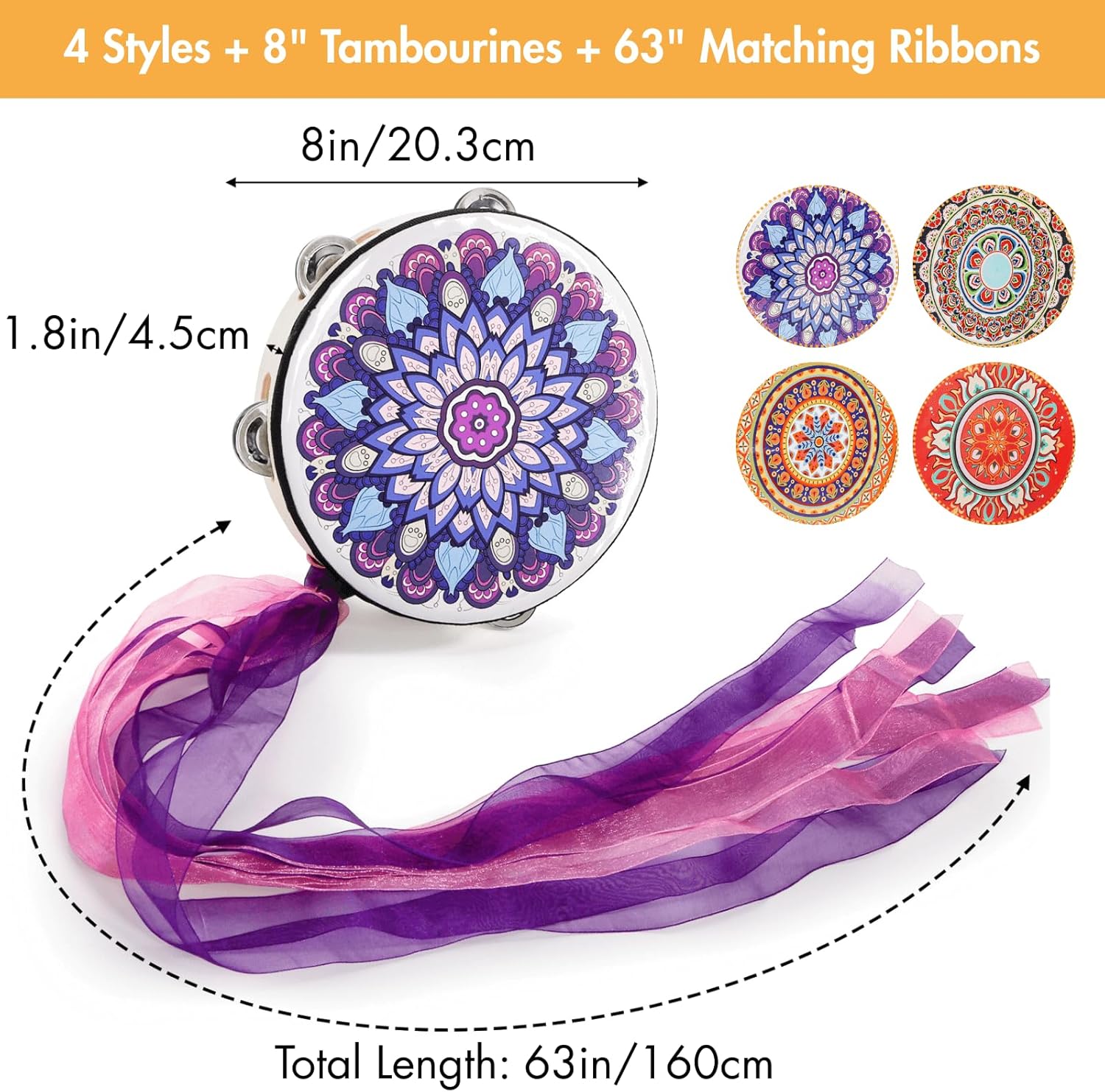 YOUEON 4 Pcs 8 Inch Colorful Tambourine with Single Row Jingles and Ribbons, Small Wooden Hand Held Drum, Percussion Gift, Tambourines for Adults, Dance, Photo Prop