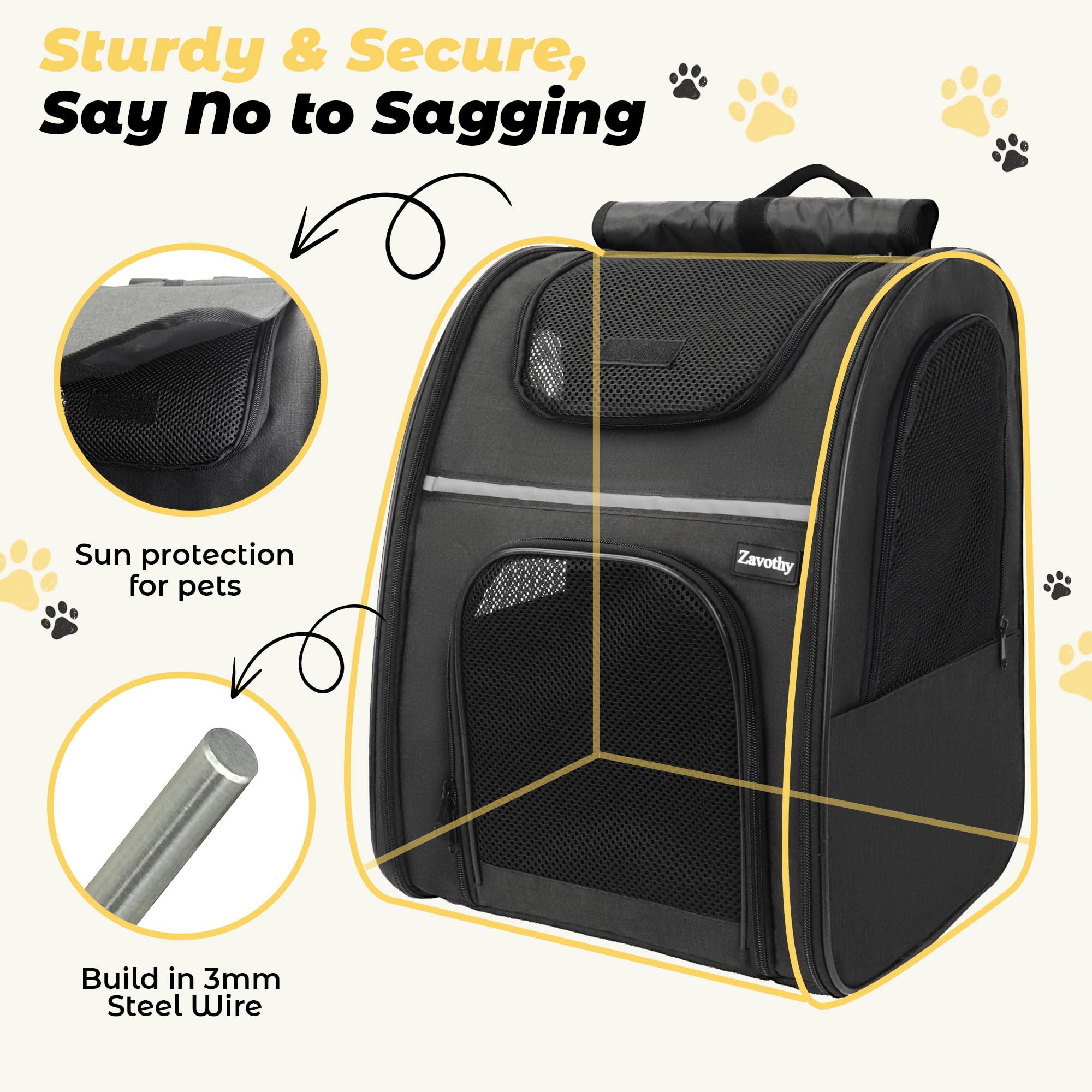 Zavothy Sac à Dos Transport pour Chat et Chien, Portable et Pliable, avec Fenêtre en Maille et Support Dorsal Rembourré, Respirant, Charge Maximale 8 kg (Noir)
