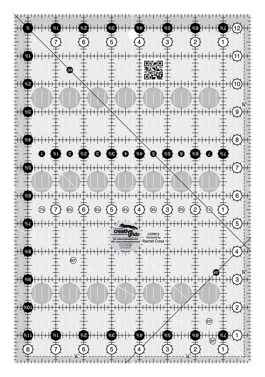 Creative Grids Quilt Ruler 8-1/2in x 12-1/2in Rectangle - CGR812 - Made in USA, Non-Slip Grip Acrylic Quilting, Sewing, Crafting, Patchwork Ruler for Measuring & Cutting Fabric