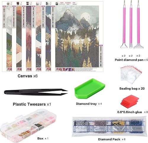 Miniatura 4 de abcGoodefg Kits de arte de diamantes para adultos, paquete de 6, pinturas artísticas de diamantes 5D para bricolaje, paisaje de montaña, pintura