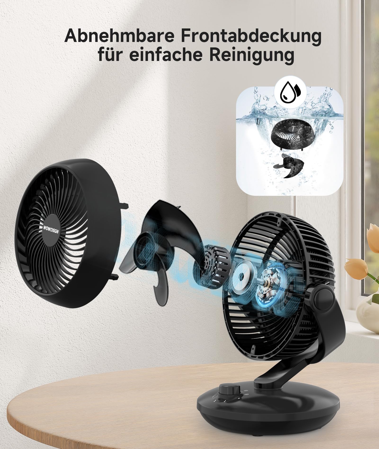 WOWDSGN Tischventilator 24dB 3D Turbo-Luftzirkulator 100° 80° Oszillation 3 Geschwindigkeitsstufen Schwarz