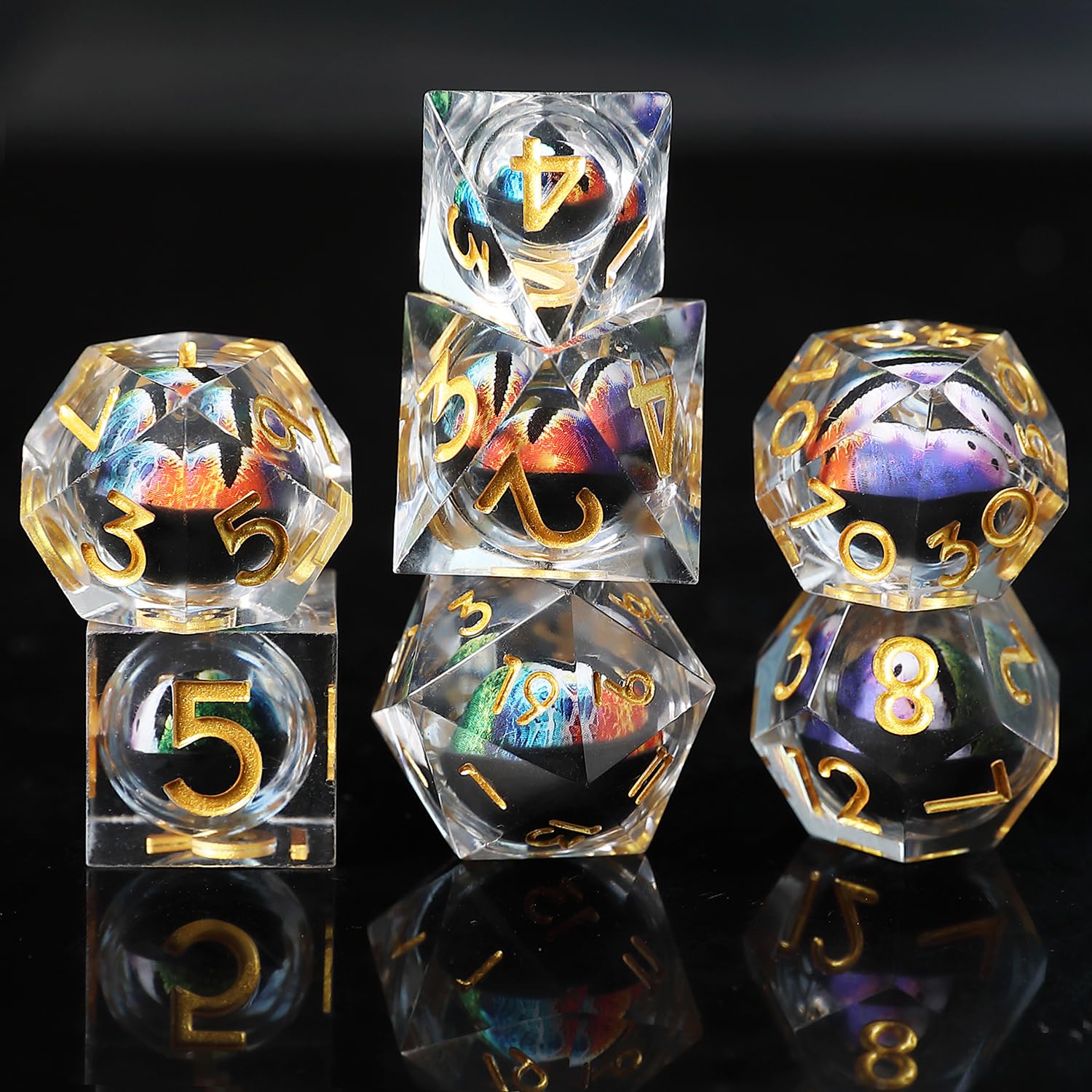DND Dice Set Floating Pupil Skull Eyeball 7 Piece Handmade Polyhedral D&D Resin Sharp Edge Dice for Dungeons and Dragons RPG Role Playing Antique Halloween Dice with Gift Box