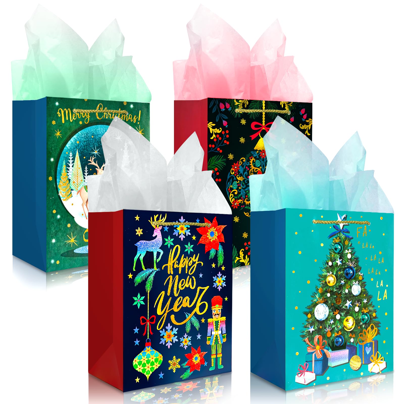 Christmas Paper Gift Bags,Xmas Gift Bags with Handles,Recyclable Xmas Gift Wrap for Holidays Presents,Peacock Blue Tree Reindeer Gold Christmas Wrapping Bag(4PCS 18CM Medium)