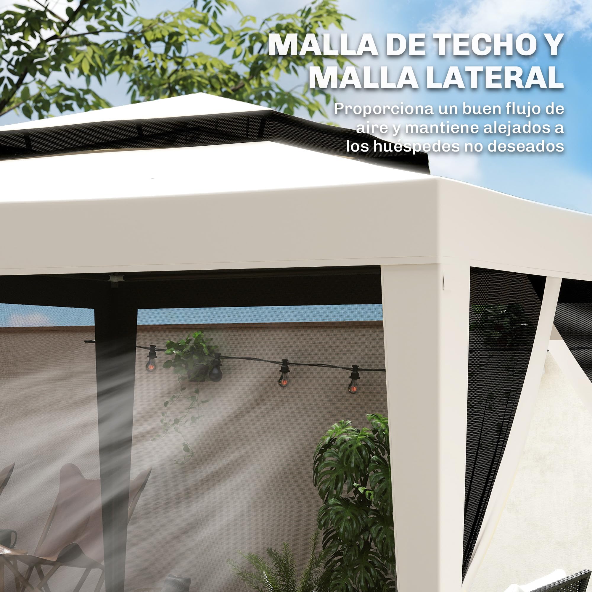 Outsunny Carpa de Jardín 3x3 m Cenador con 4 Mosquiteras Laterales con Cremallera Techo de Ventilación y 8 Orificios de Drenaje Gazebo para Terraza Patio Exterior Beige