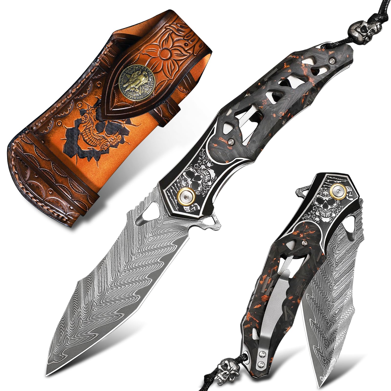 Handmade Men's Folding Pocket Knife, 9" Damascus Steel Folding Knife, Includes a leather sheath, Dazzling Cool Skull pattern, Carbon fiber handle with copper foil integration, Ideal for expedition cam