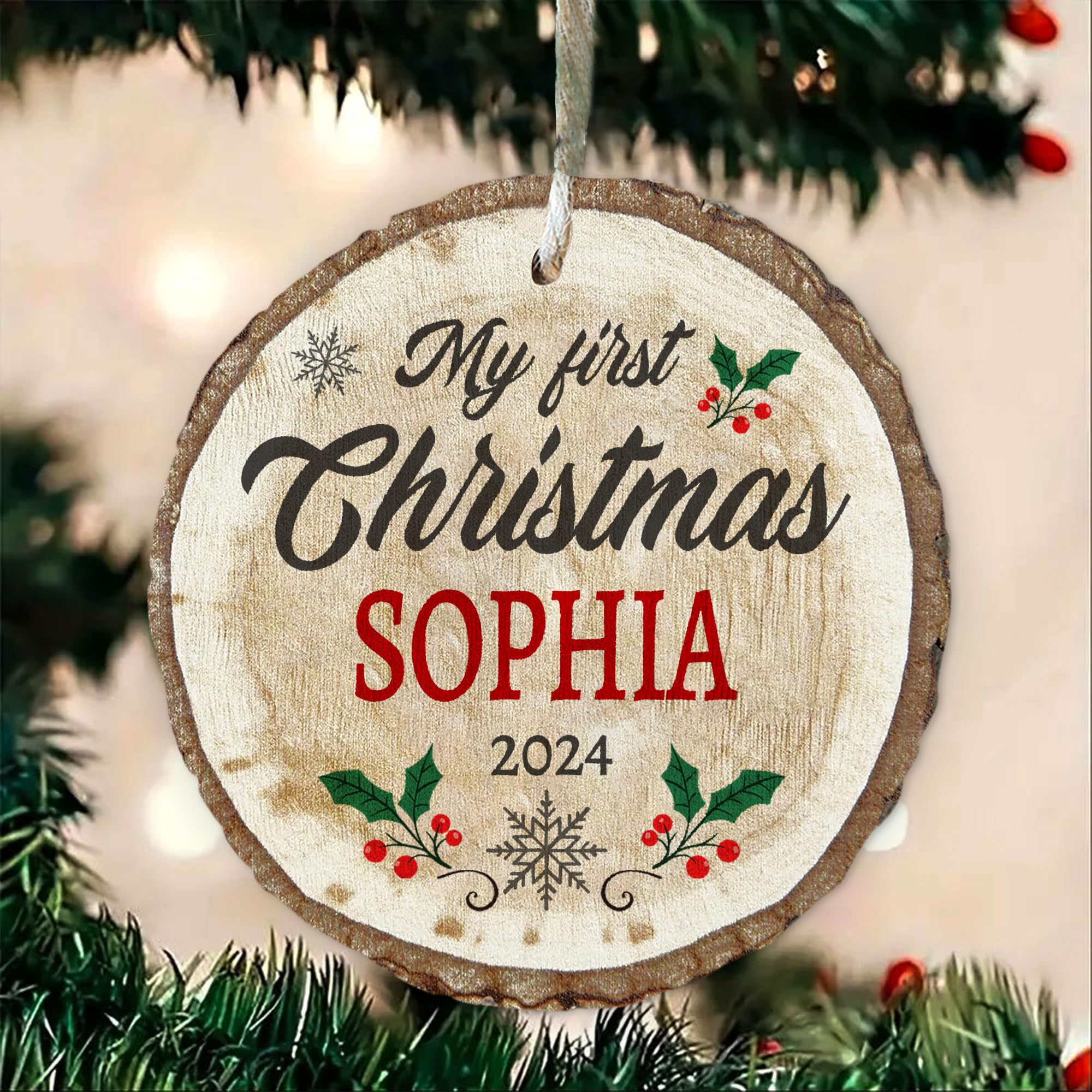 AIFLM Personalized Christmas Ornament, Baby’s First Christmas, Reindeer Rustic Round, Christmas 2024 Keepsake Ornament