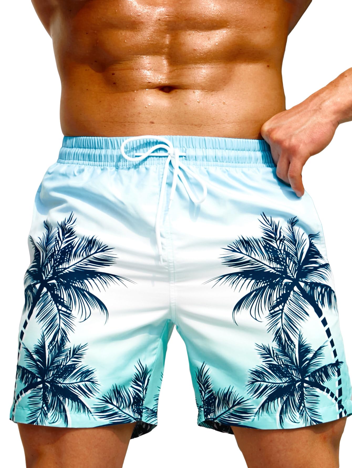 GORGLITTER Mens Drawstring Elastic Waist Tropical Print Slant Pockets Swim Trunks