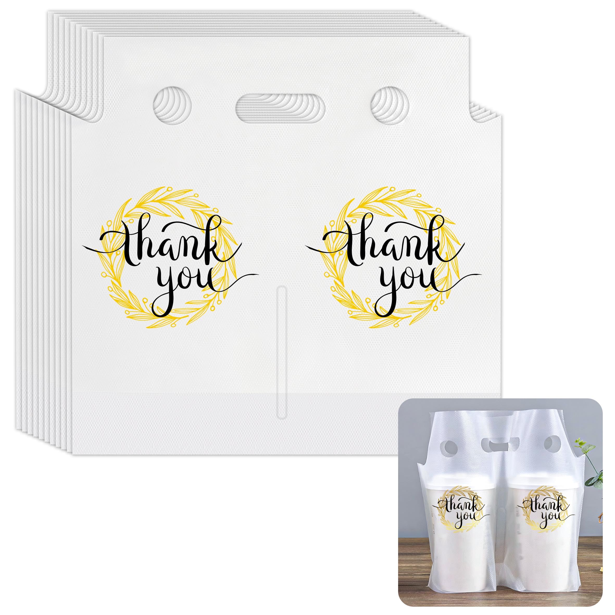 YHNTGB 200 Pcs Handle Drinking Poly Bags Double Cup Clear Plastic Packaging Carriers Take Out Delivery for Beverage Coffee Juice Mike Tea Stores 11 x