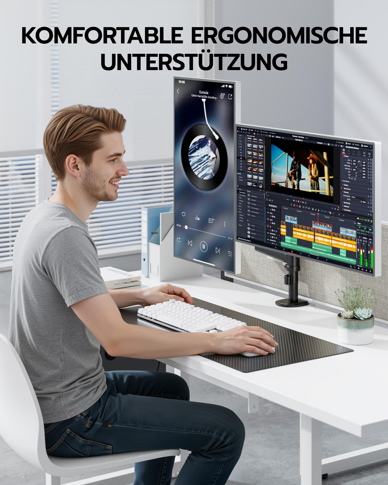 ARES WING Dual Monitorarm für 2 Monitore 17-40 Zoll mit Stange, Schwarz