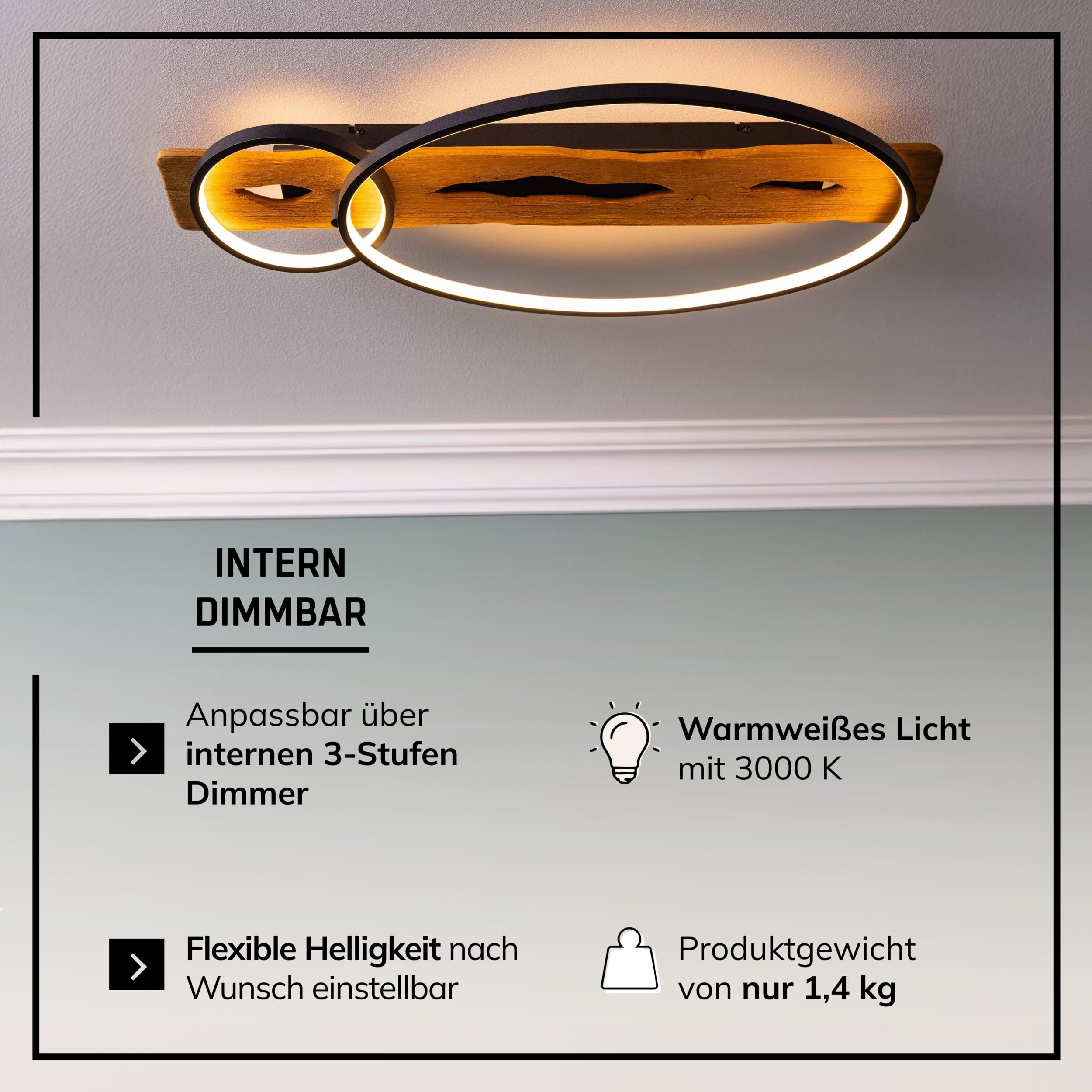 Lightbox moderna lampada da soffitto a LED in stile naturale - plafoniera con dimmer a 3 livelli e 2 anelli LED su trave di legno - 70 x 30 cm - 3300 lm, 3000 K - in legno di pino/metallo in