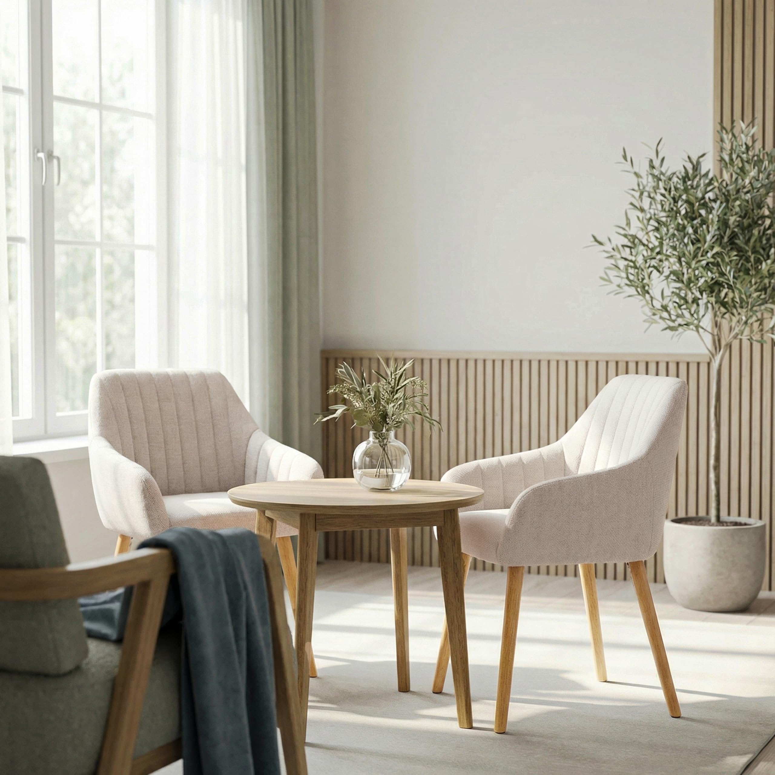 Lot de 4 Chaises Fauteuil Salle à Manger Chaises Beige avec Accoudoirs rembourrée en Polyester avec Pieds en Bois pour Salon Cuisine et Bureau