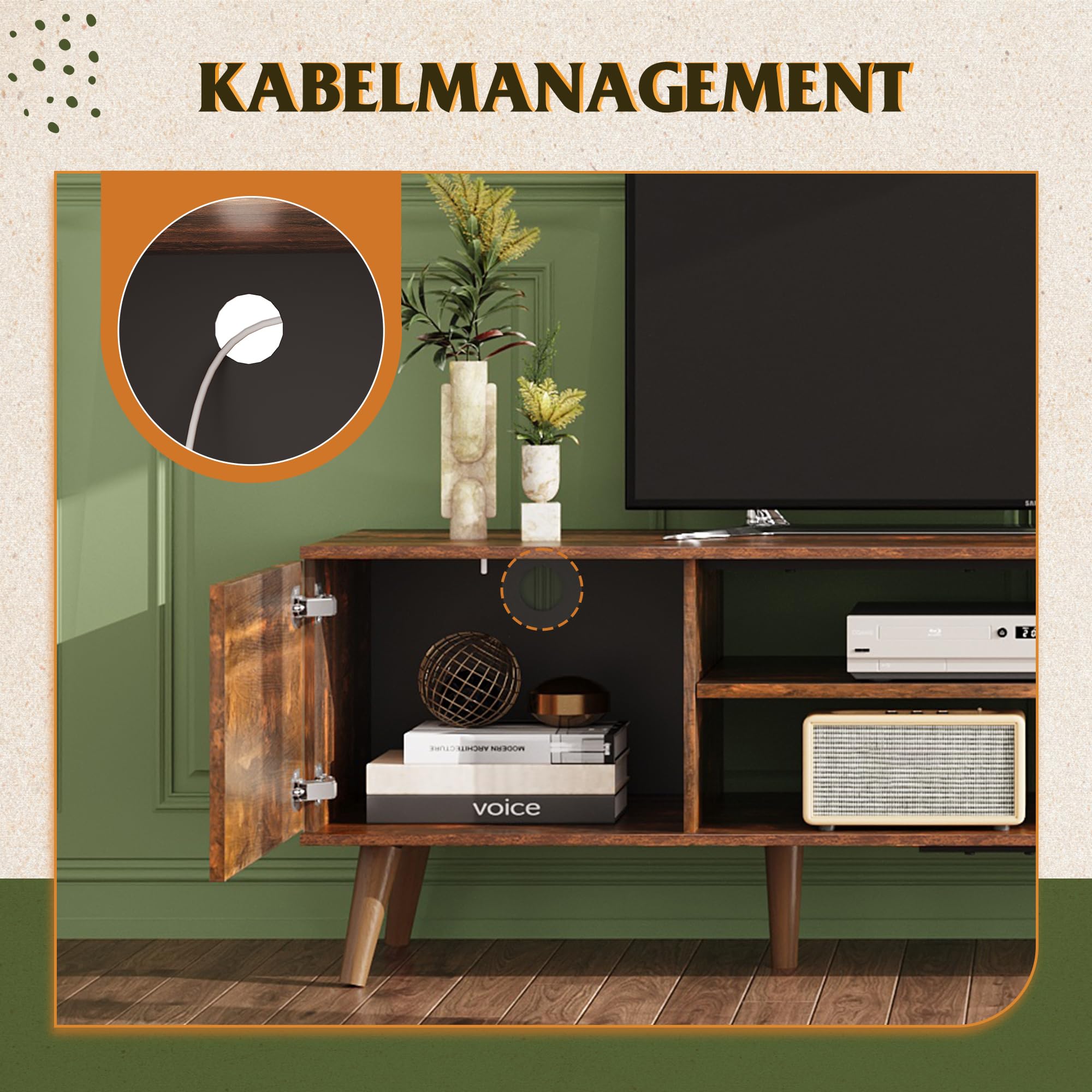 WLIVE TV Schrank 160 cm Lang, Lowboard Holz für Fernseher 60 65 70 Zoll, Fernsehtisch mit 2 Türen, Industrie-Design, TV Cabinet, Vintagebraun-schwarz
