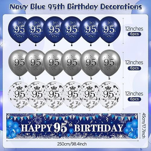 Miniatura 3 de Decoraciones azules de cumpleaños n. 95 para hombres y mujeres, pancarta azul marino y plateado de feliz cumpleaños 95, globos azules de cumpleaños