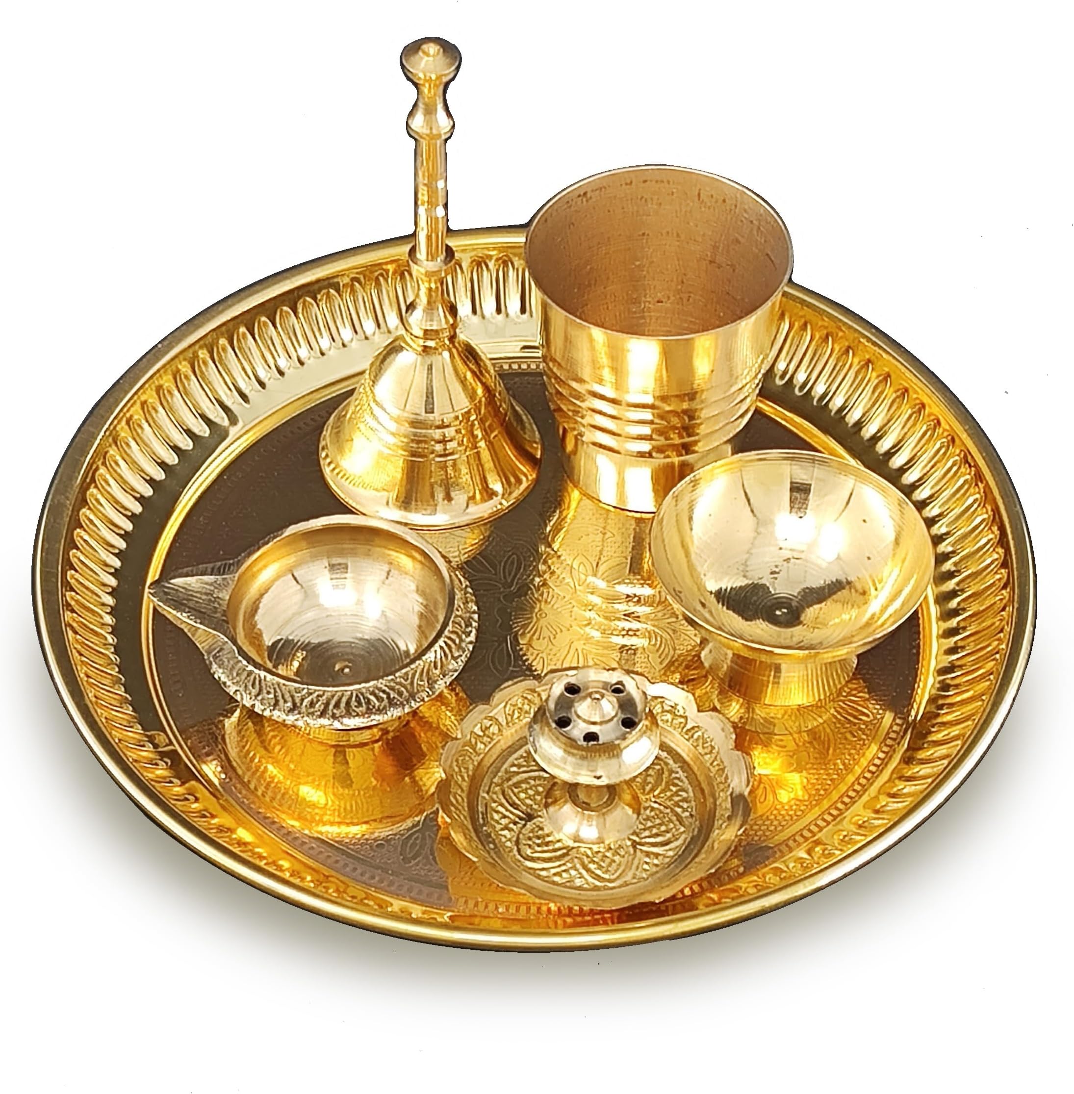 Brass Pooja Thali Set 6 Inch Puja Thali with Pital Plate Glass Chandan Vati Dhup Dan Kuber Diya Ghanti Arti Thali for Diwali Home Office Mandir Wedding Return Gift Items