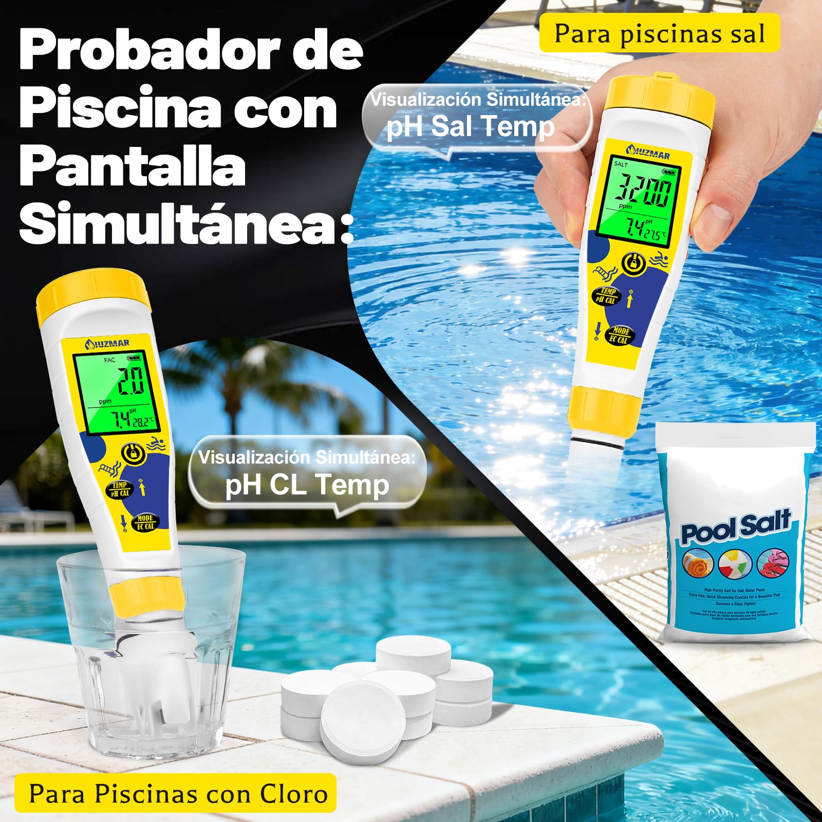 Medidor pH Cloro para Piscinas, Medidor Sal pH Agua Salada 7 en 1 con Temperatura y Salinidad