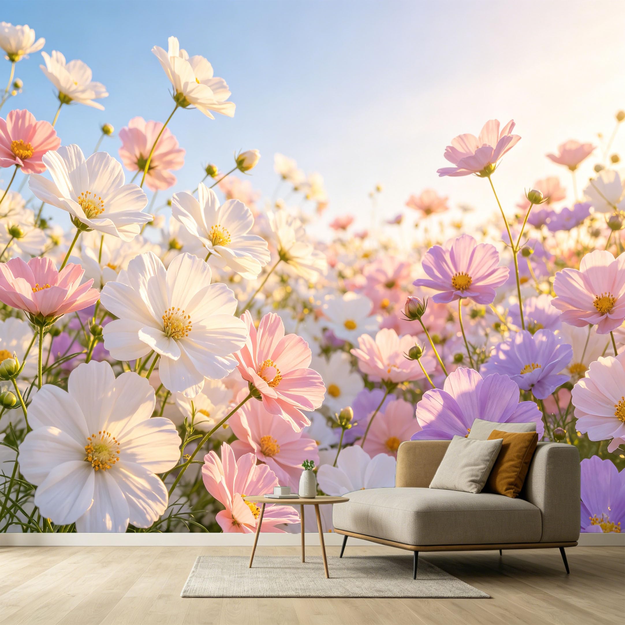 Custom Size Wall Murals Botanical Cosmos Flower Field Watercolor Soft Pastel Sky SelfAdhesive Wall Fabric Removable Large Wallpaper for Photo Living Room Interior Decor