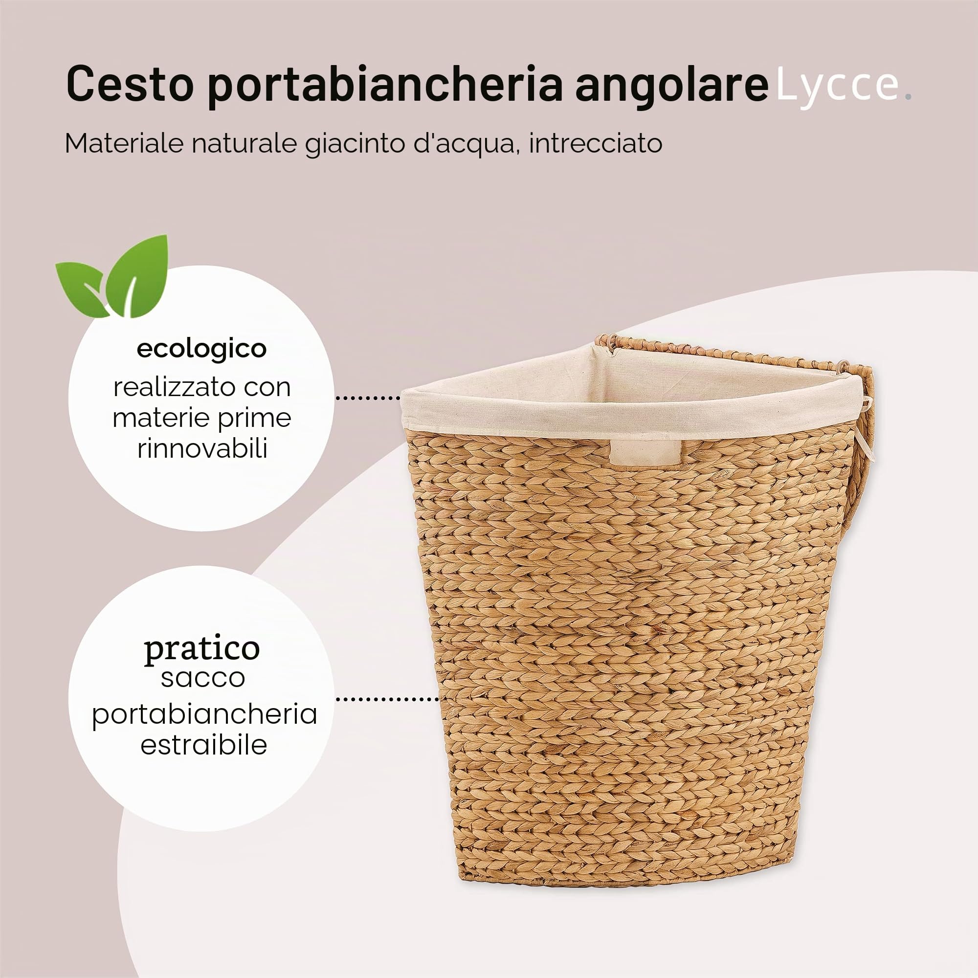 Lycce Cesto portabiancheria con coperchio, 30 l, in giacinto d'acqua, rettangolare, salvaspazio, design naturale, piccolo