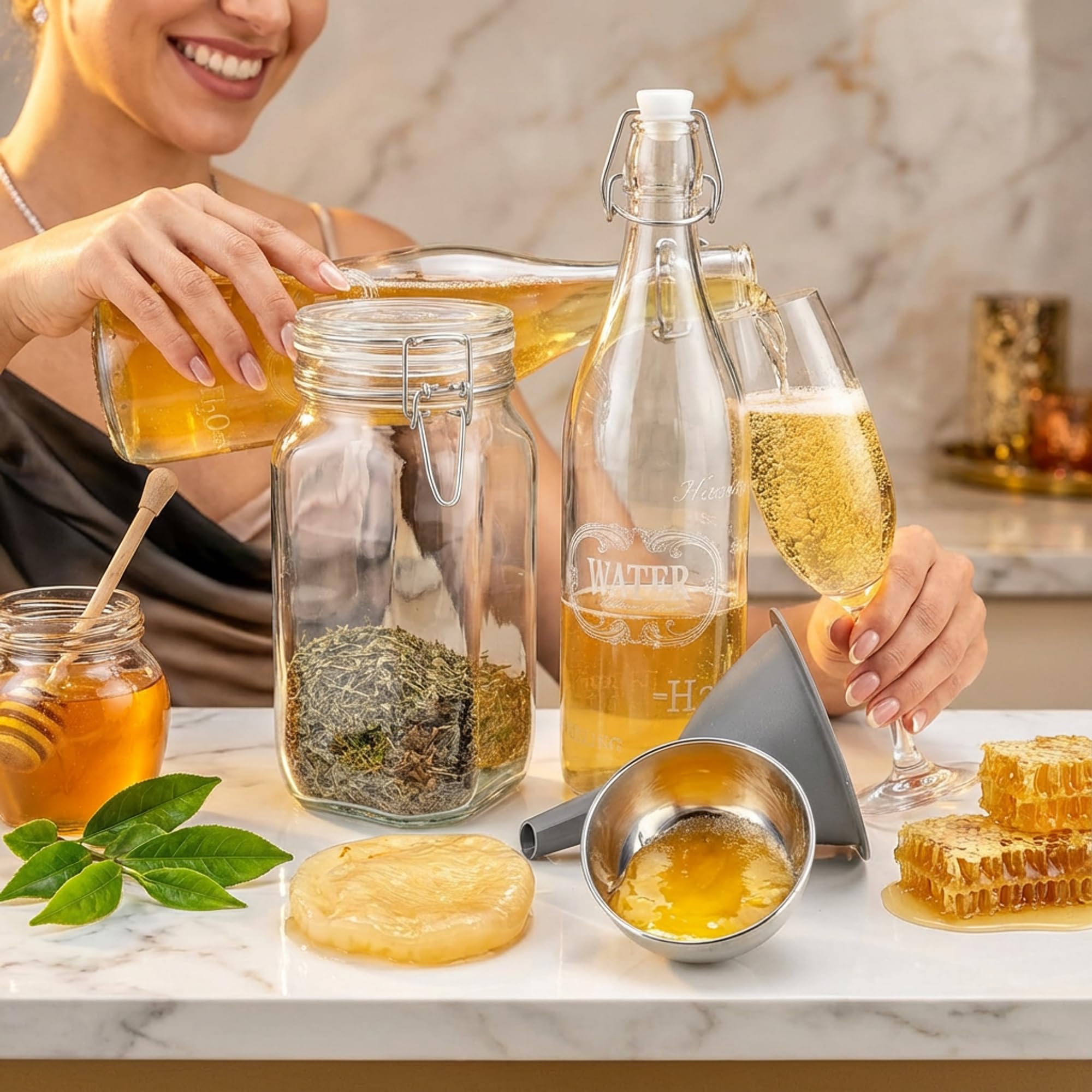 Kefir-for-all Jun Kombucha Starterset 7-teilig (5 Liter) – Teepilz/Scoby Kultur inkl. Gärgefäß, 1L Glasflasche & Trichter – 40 g Sencha Grüntee + 500 g Honig – Deutsche Anleitung