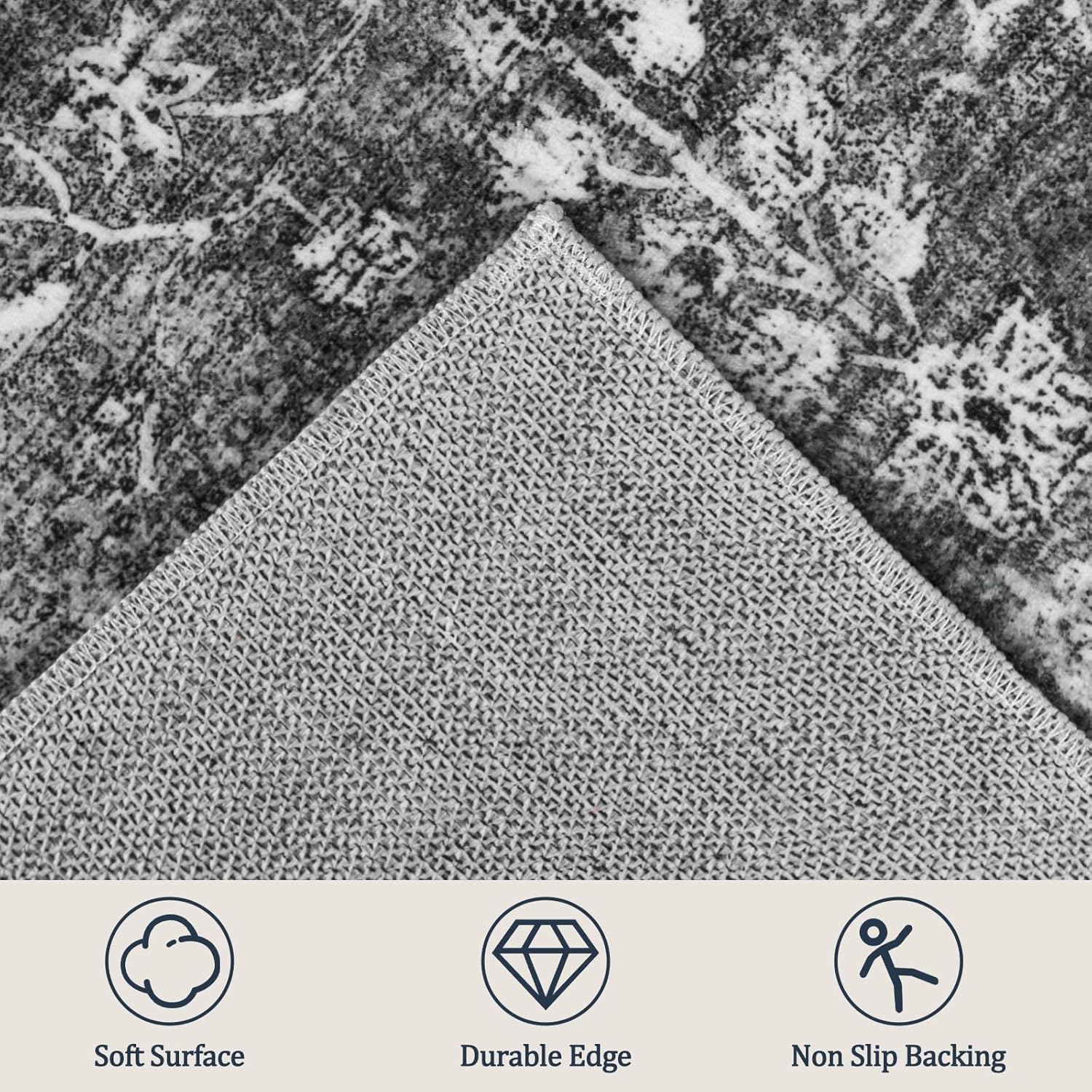 Capslpad 2x3 Boho Hallway Runner, Dark Grey Vintage Ultra Soft Fabric Washable Runner Rug, Non-Slip Rubber Backing, Stain Resistant Low Pile Runners for Hallways, Kitchen, Entryway, Bedroom, Laundry