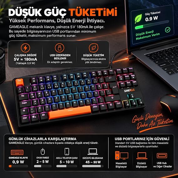 %80 Kablolu RGB Mekanik Gaming Klavye, Siyah Blue Switch KB-04