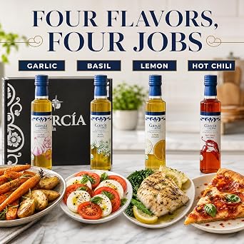 Organic Flavored Extra Virgin Olive Oil Gift Set, Garlic, Basil, Hot Chili, Lemon Infused - Pack of 4 x 8.5 oz glass bottles