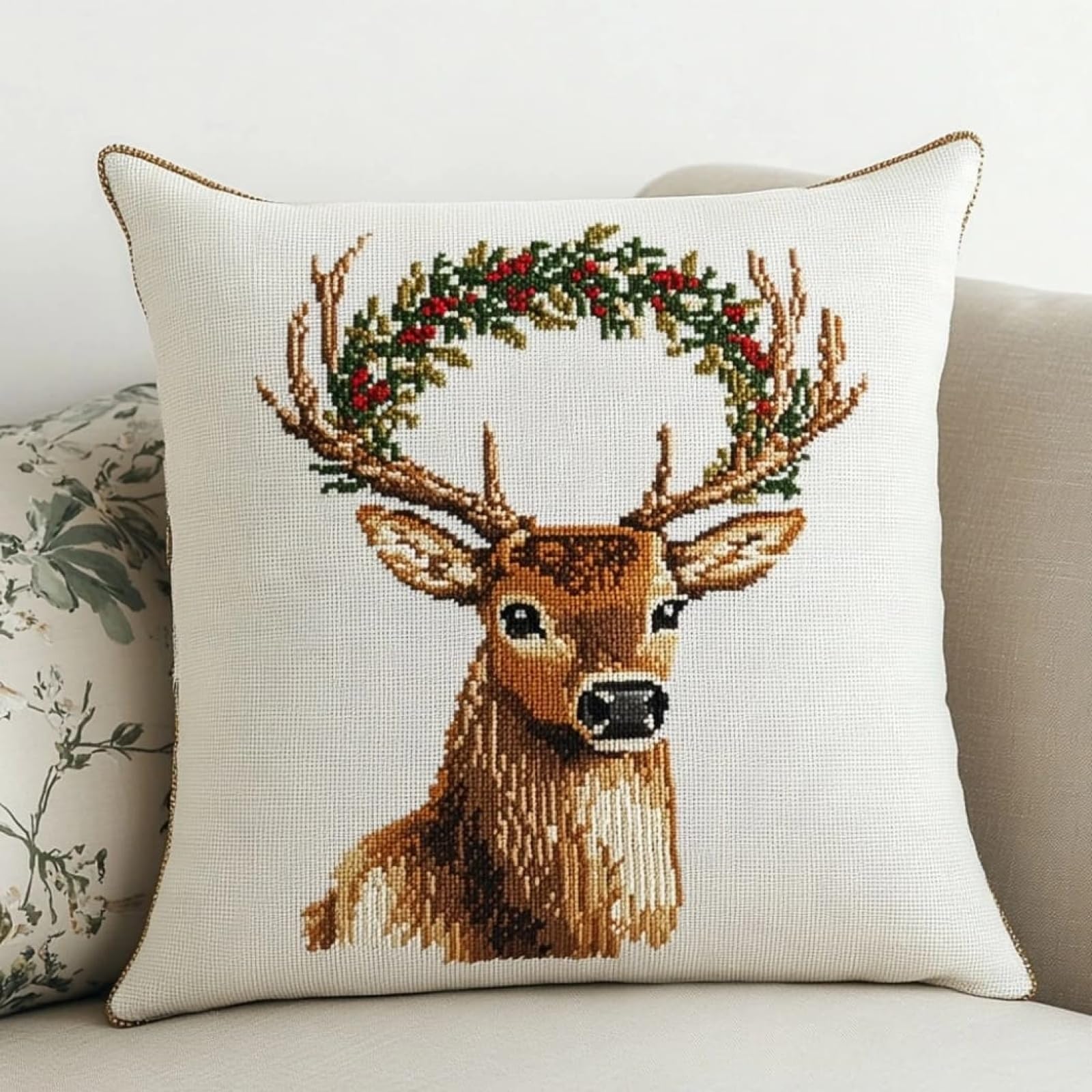 WallustrioaW Cross Stitch Cushion Covers Kits,Deer Wearing a Flower Wreath,Embroidery Kit Printed Tapestry Canvas 11Ct Cushion for Creative Home Décor 18x18in