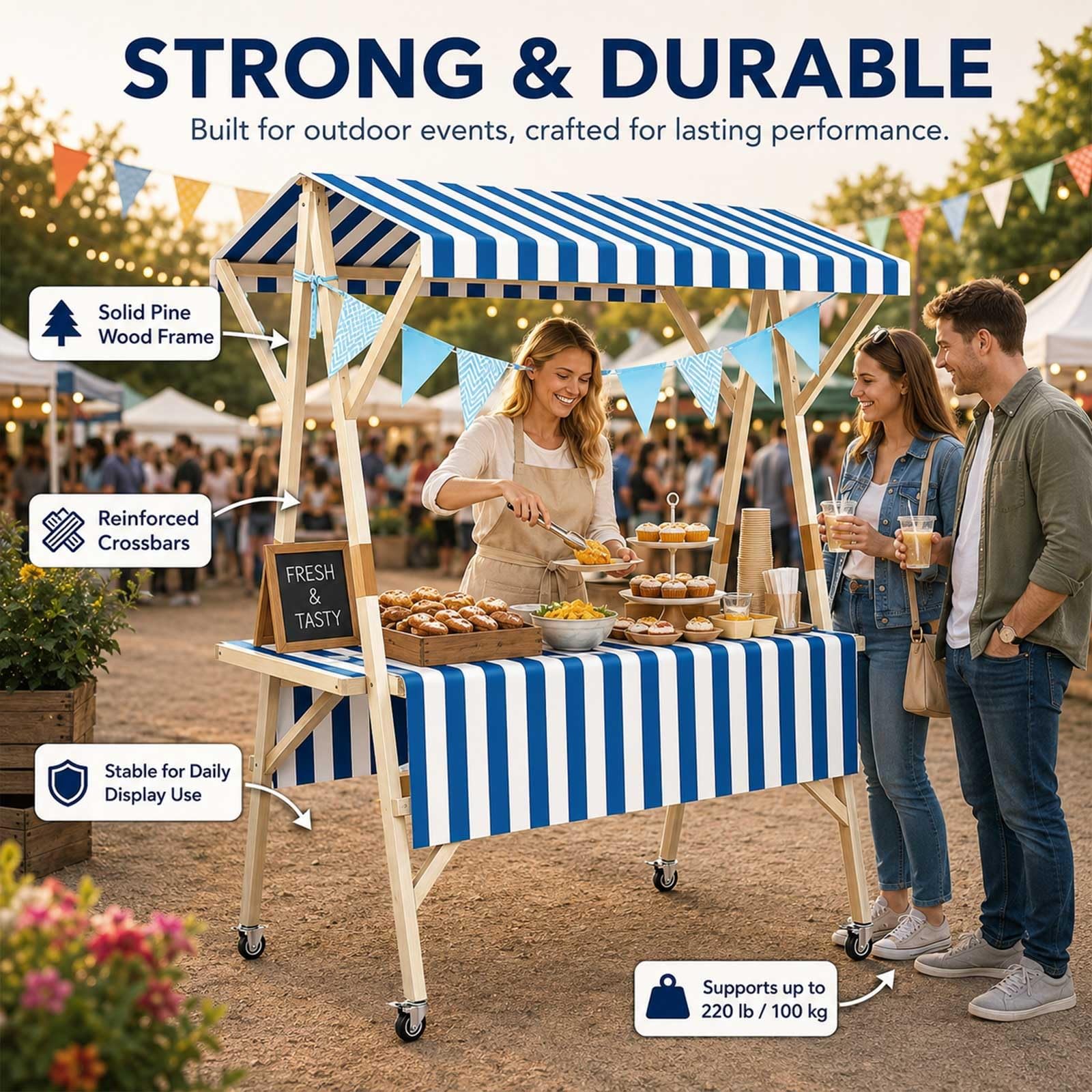 Imbissstand Auf Rädern, Kreative Marktwagen Aus Holz, Mobiler Verkaufswagen Mit Vordach, Marktstand Für Outdoor Street Food, Bauernmarkt, Messe, Handwerk, Snacks Und Süßwaren(Green,47.2in/120cm)