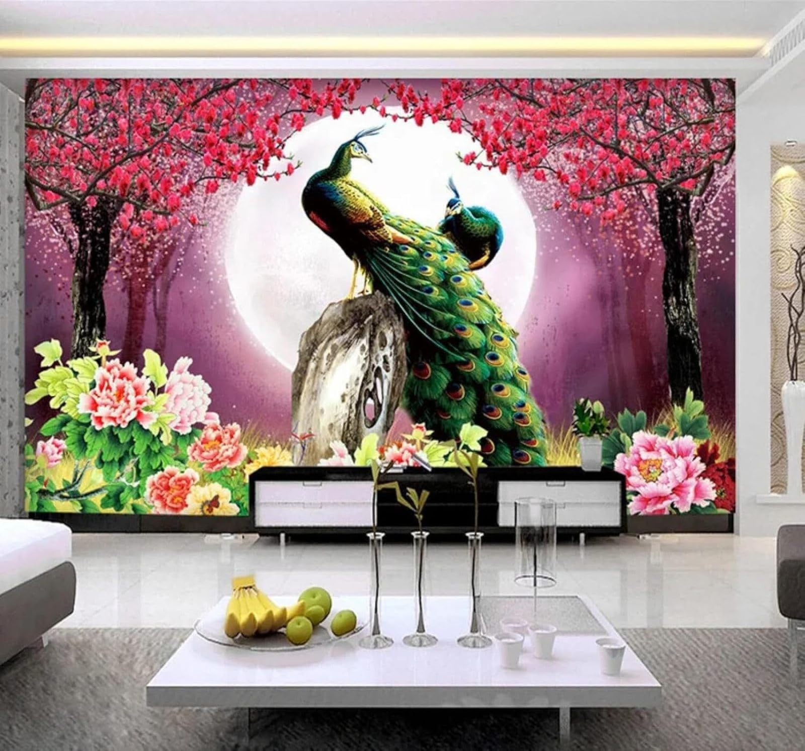 XLMING Beautiful Peacock Moon Flowers Natural Scenery 3D Wallpaper Silky Texture Home Study Office Grey Dining Room Sofa Bedroom Living Room TV Backdrop-430cm×300cm