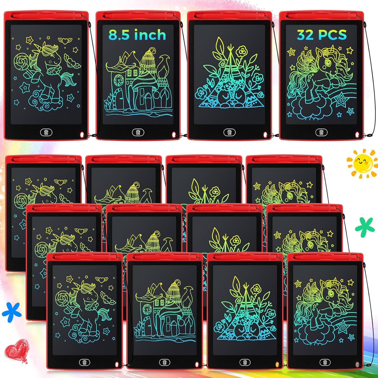 Zhehao 32 Pcs LCD Writing Tablet for Kids Bulk 8.5 Inch Colorful Doodle Board Tablet Erasable Doodle Pad Educational Toy Birthday Valentine Easter Gift for Boys Girl Age 3-10(Red)