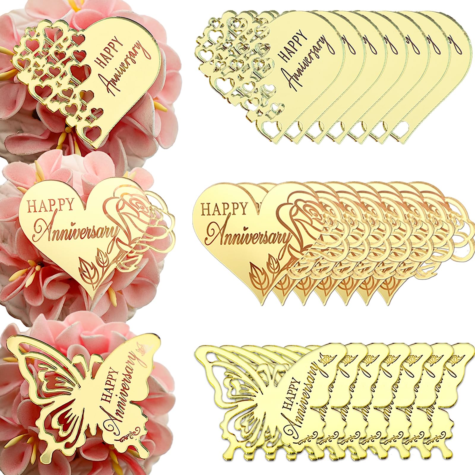 Happy Anniversary Cupcake Toppers, Gold Mirror Acrylic, Heart and Butterfly Designs, 21 Pieces