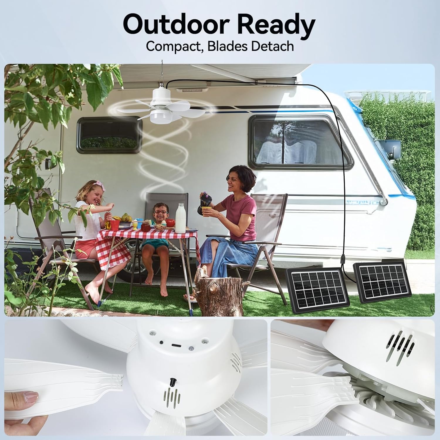 Portable Solar Ceiling Fan with Light & Remote, 2 Solar Panels/Type-C Charging, 3CCT, 5 Brightness, 3 Speeds, 2/4/8H Timer, Tool-Free Setup, 30dB Quiet, Memory Function, Outdoor, 18.5"