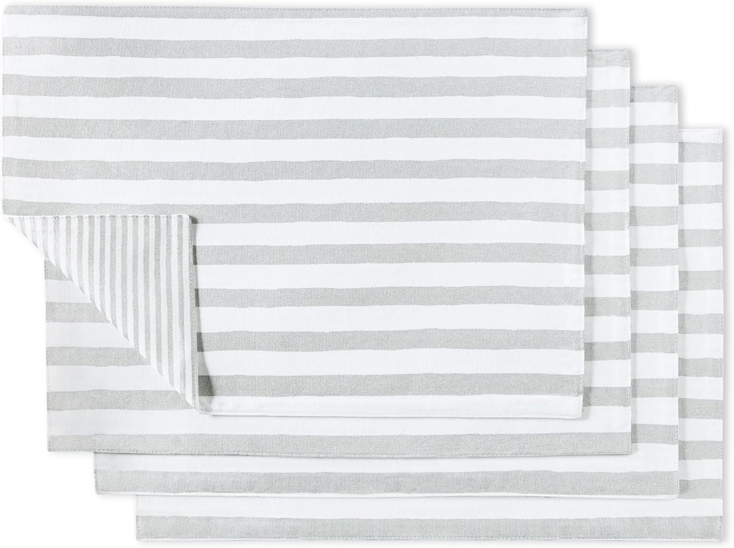 kate spade new york Hand Painted Shirting Stripe Reversible Placemats 4-Pack Set, 100% Cotton with Metallic Print, Silver/White, 13"x19"