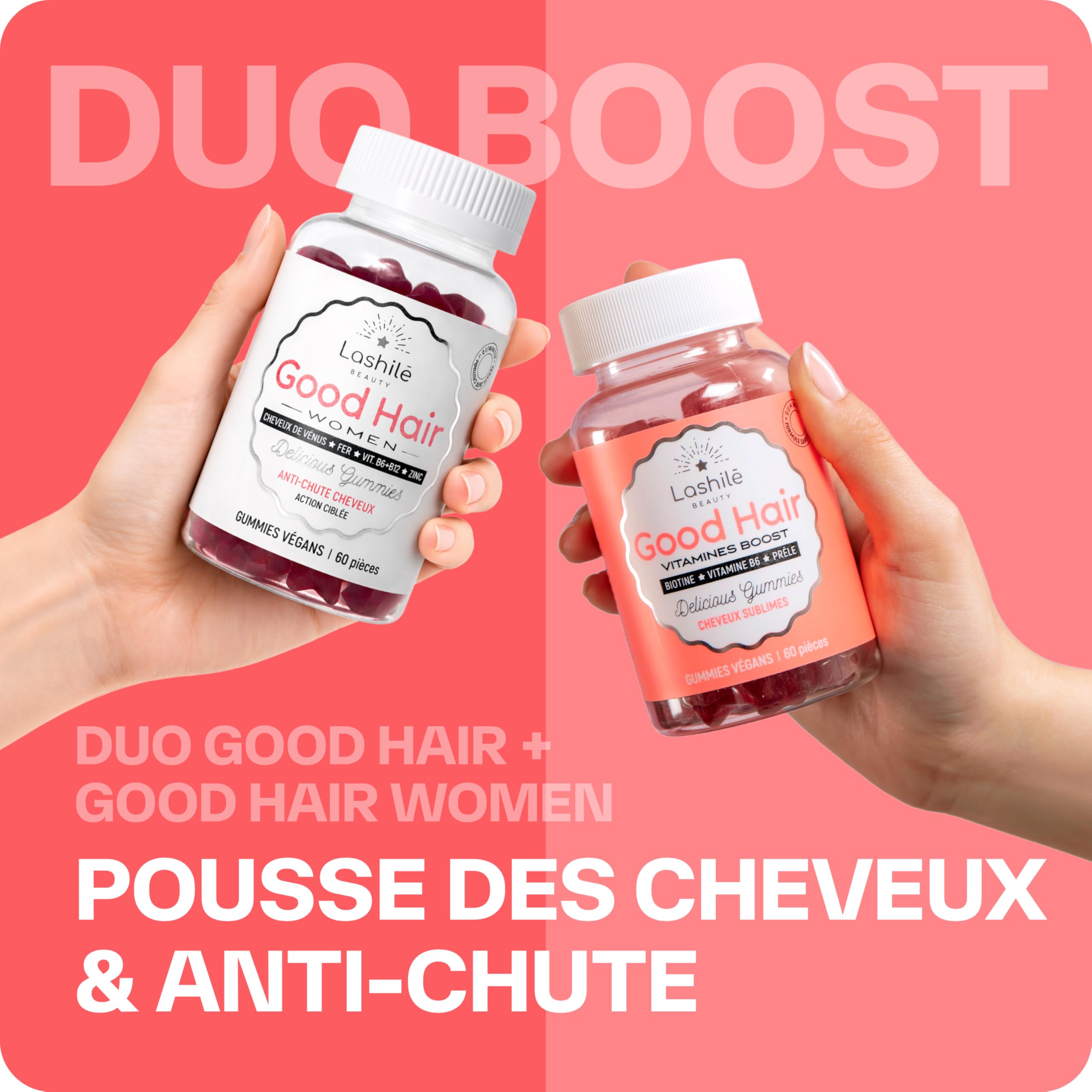 Lashilé Beauty - Gummies cheveux - Anti-chute croissance et fortification cheveux - Pack exclusive Good Hair et Good Hair women - Complément alimentaire - Biotine Fer Zinc - Cure 1 Mois - 120 Gummies