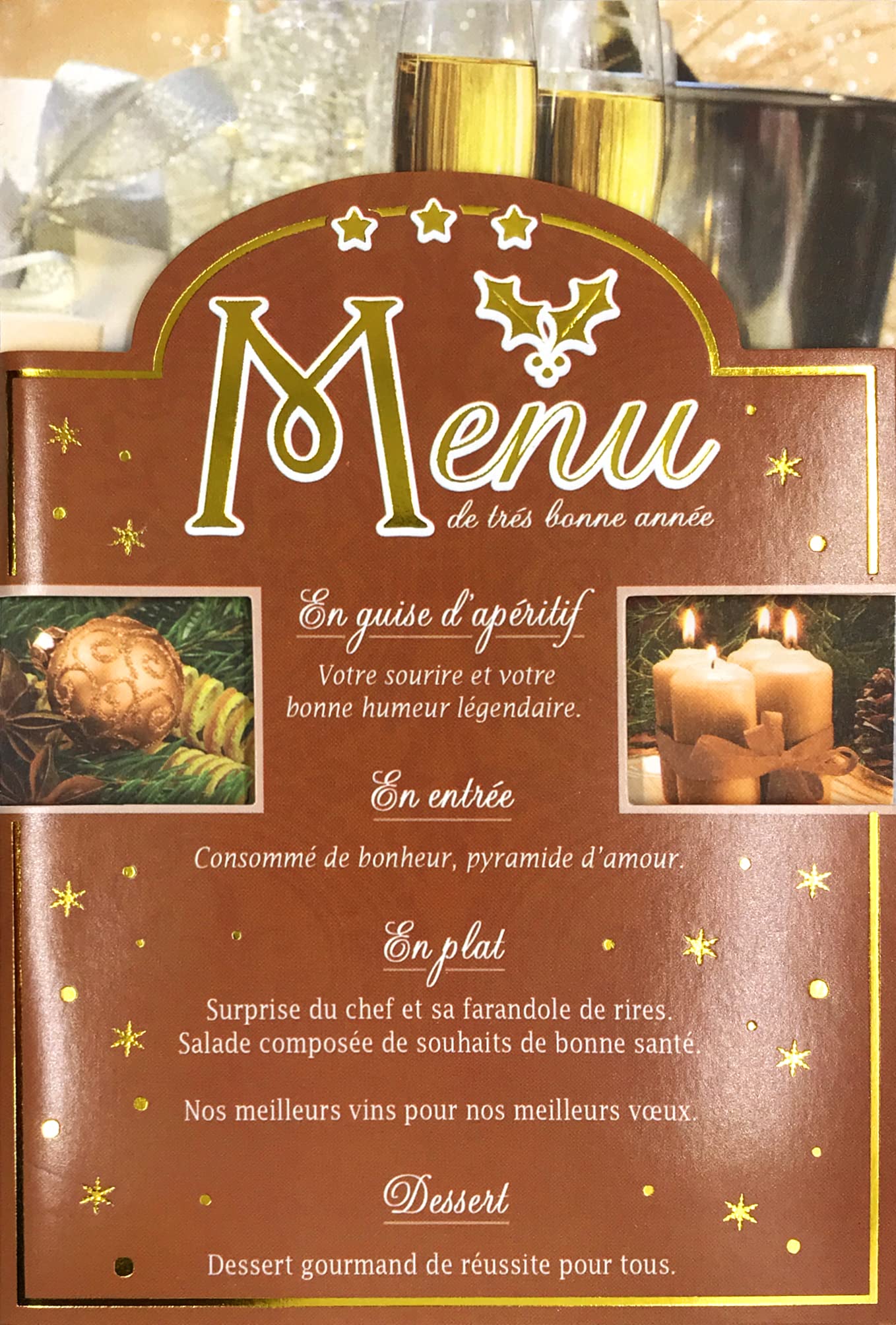 Happy New Year Card with Envelope to Present Your Best Wishes Gold Star Menu Sparkling New Year Wish Bubbles Love Health Success Flutes Sparkling 61-4010-2 BA