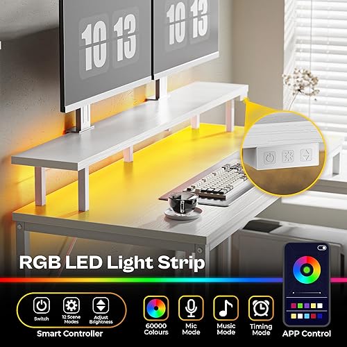 Miniatura 5 de Huuger Escritorio reversible en forma de L para computadora con cajones, escritorio para juegos con luces LED y tomas de corriente, escritorio de