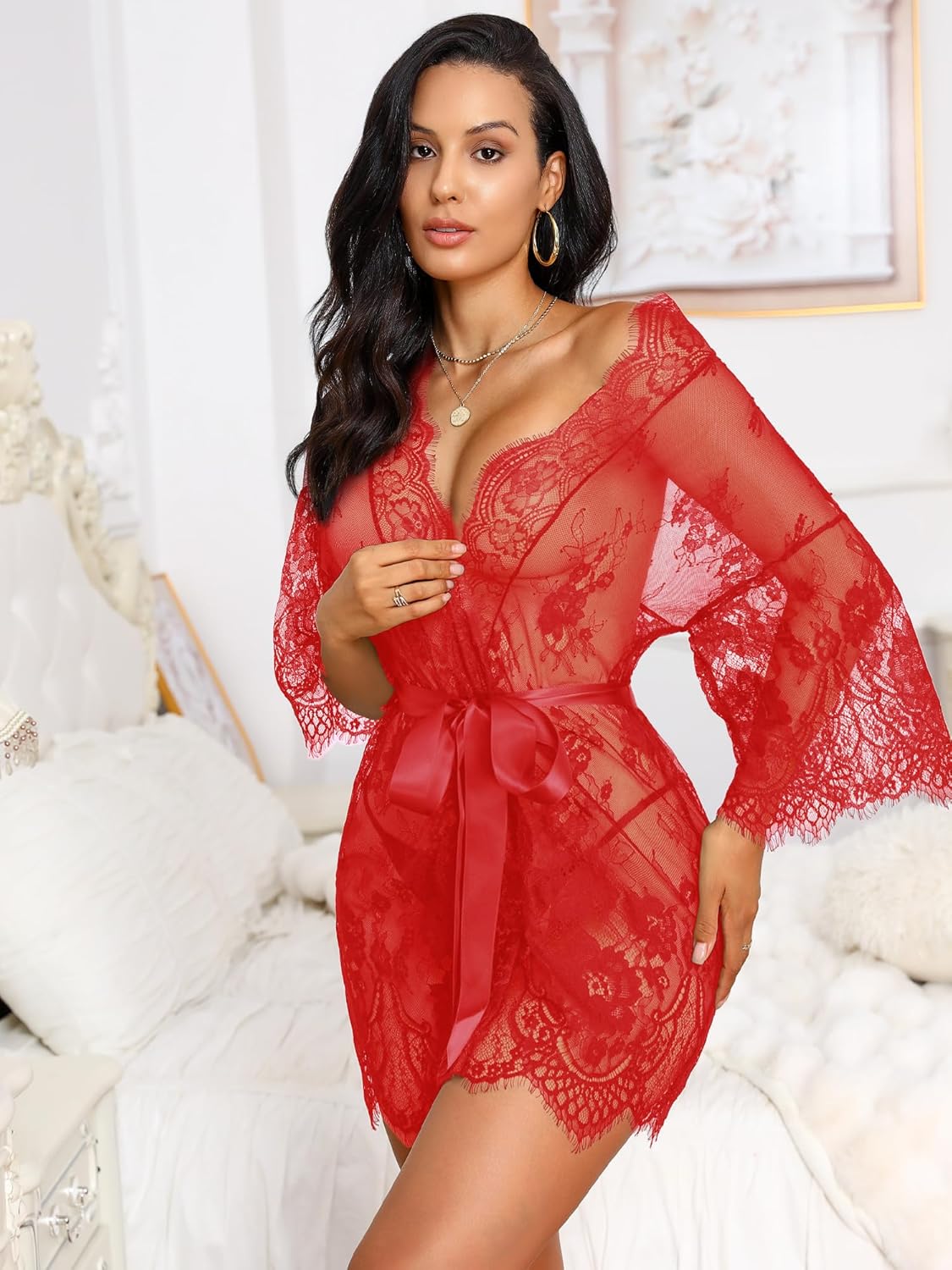 Sexy Lingerie for Women Lace Kimono Robe Mesh Chemise Nightgown Lace Robe XS-3XL - Image 3