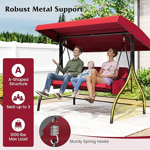 Miniatura 6 de Tangkula Columpio para porche para 3 personas, columpio convertible 2 en 1 para exteriores con toldo ajustable, cojines extraíbles, marco de metal,