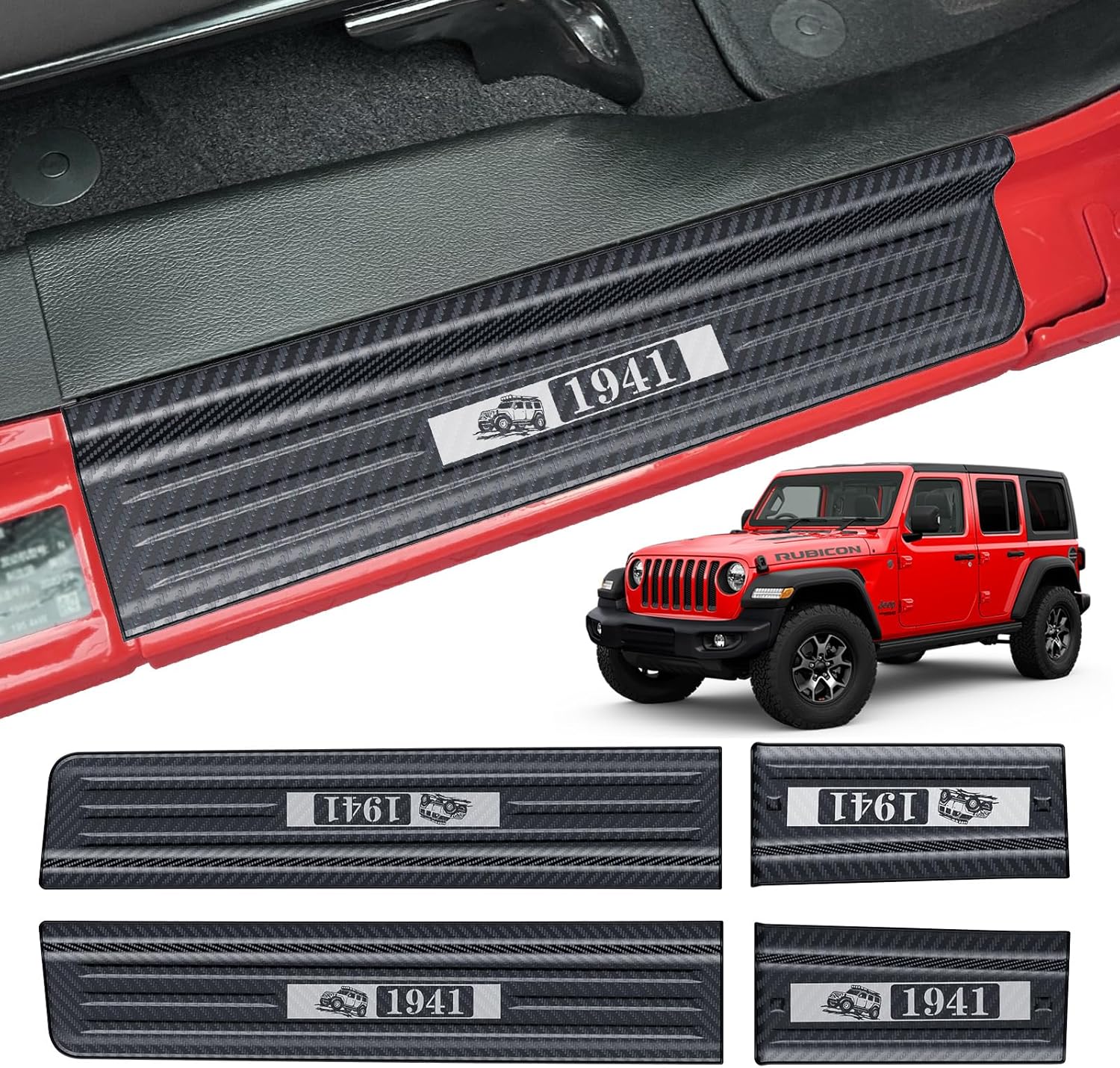 Door Sill Guards for Gladiator JT 2020-2026 & Jeep Wrangler 2018-2026 JL JLU 304 Stainless Steel Front and Rear Door Car Pedal Kick Protection Door Sill Protector | Carbon Fiber, 2026 Design