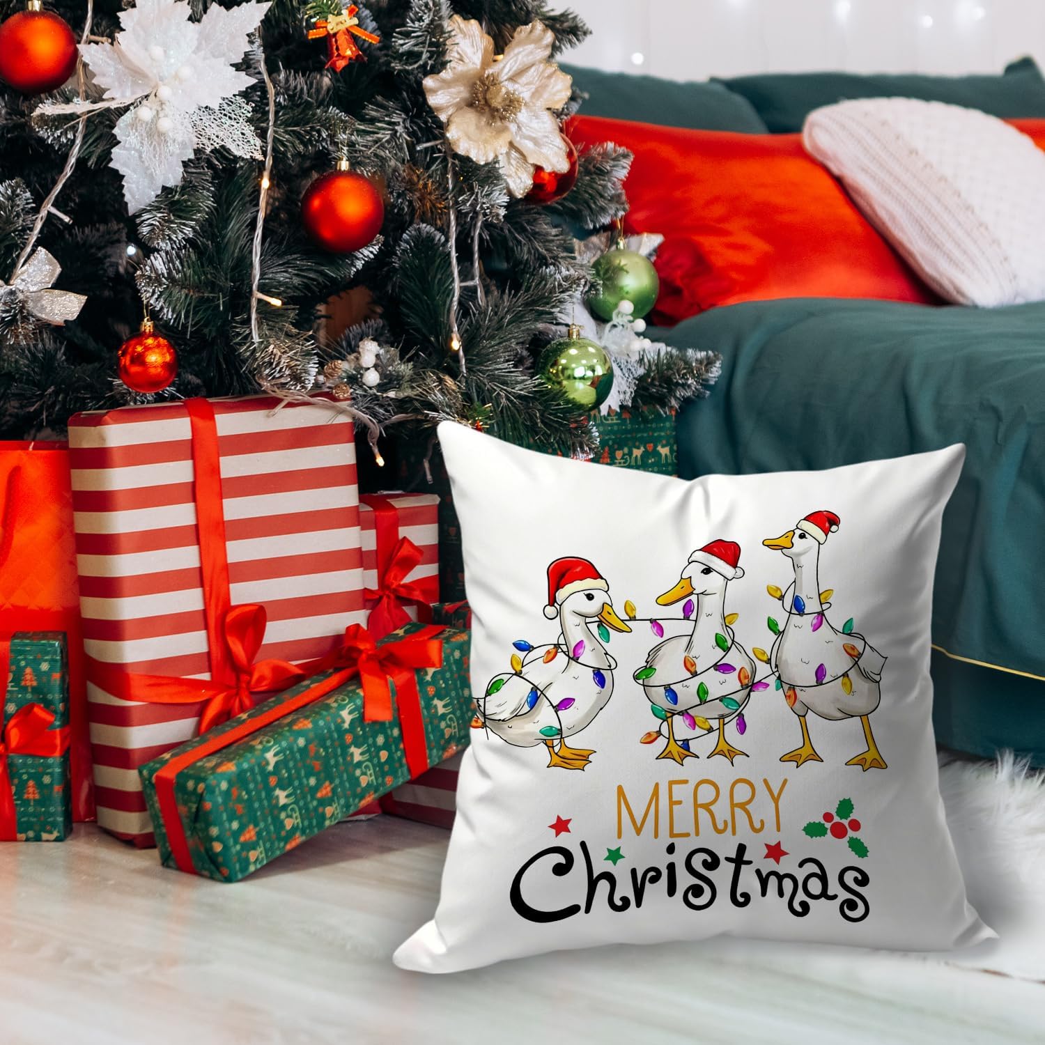 Christmas Duck Pillow Covers 18x18, Farmhouse Christmas Decor, Funny Merry Xmas Duck Farm Animal Print Decorative Pillow Covers for Bedroom Living Room Home image 4