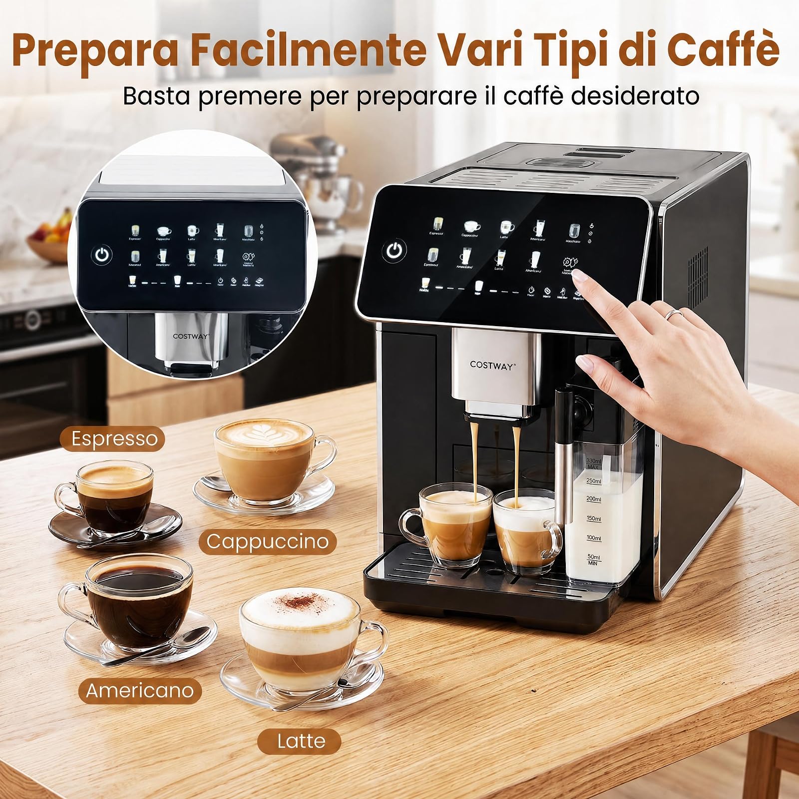 COSTWAY Machina da Caffè Automatica, con Macinacaffè e Montalatte, 15 Bar