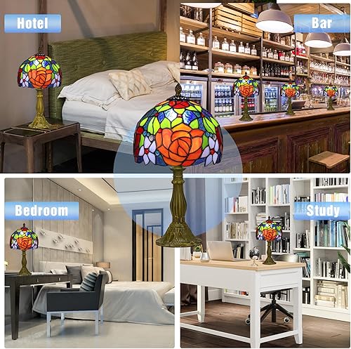 Miniatura 5 de Lámpara de mesa estilo Tiffany, lámpara de mesa de vitral, lámpara de noche hecha a mano con rosas rojas de 8 pulgadas, lámpara de escritorio para